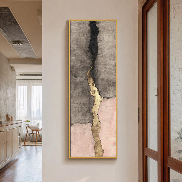 Vertical canvas wall art in interior setting.