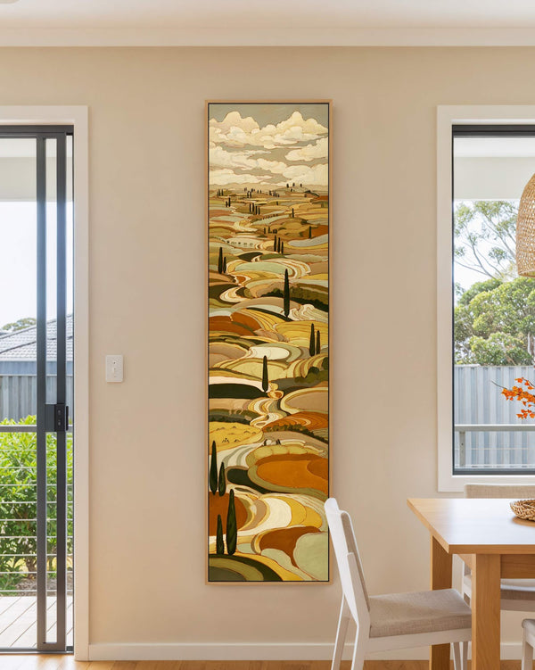 Vertical canvas wall art in interior setting.