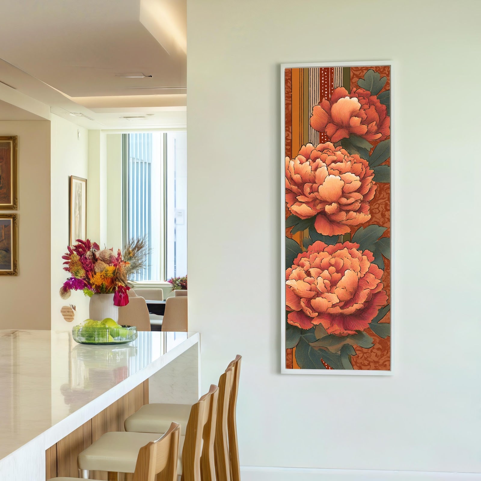 Vertical canvas wall art in interior setting.