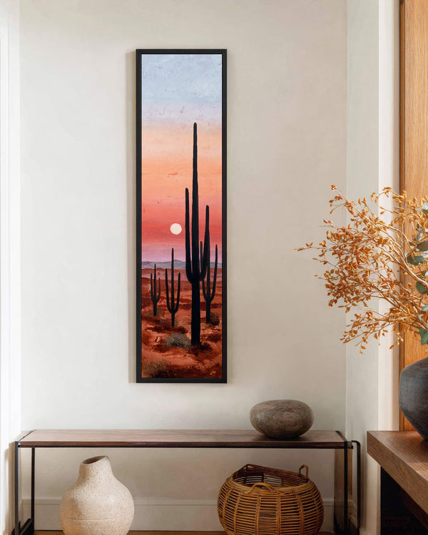 Vertical canvas wall art in interior setting.