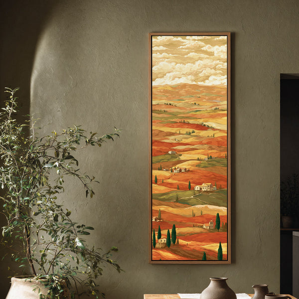Vertical canvas wall art in interior setting.