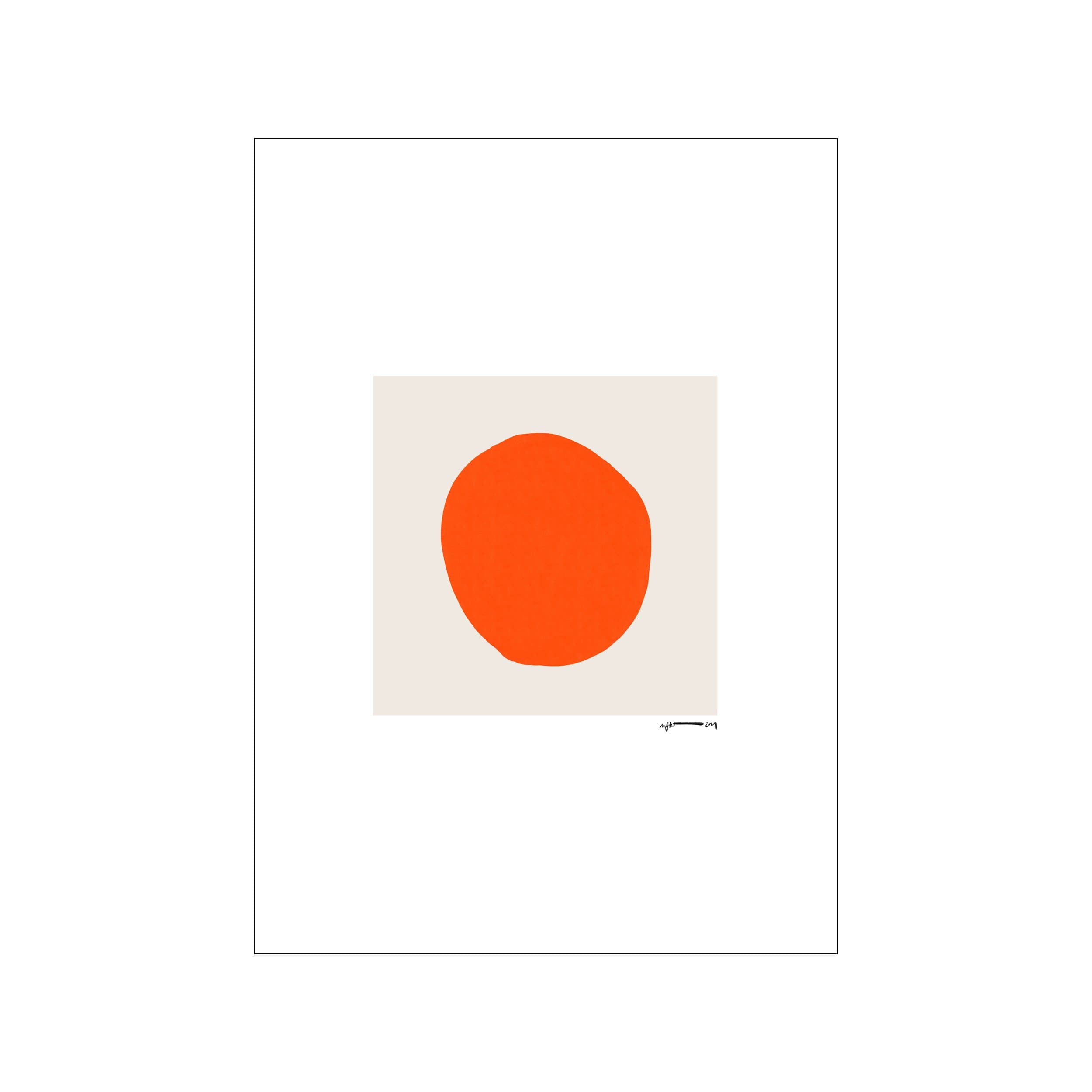 Minimal abstract print with a bright orange rounded form centered on a pale neutral square