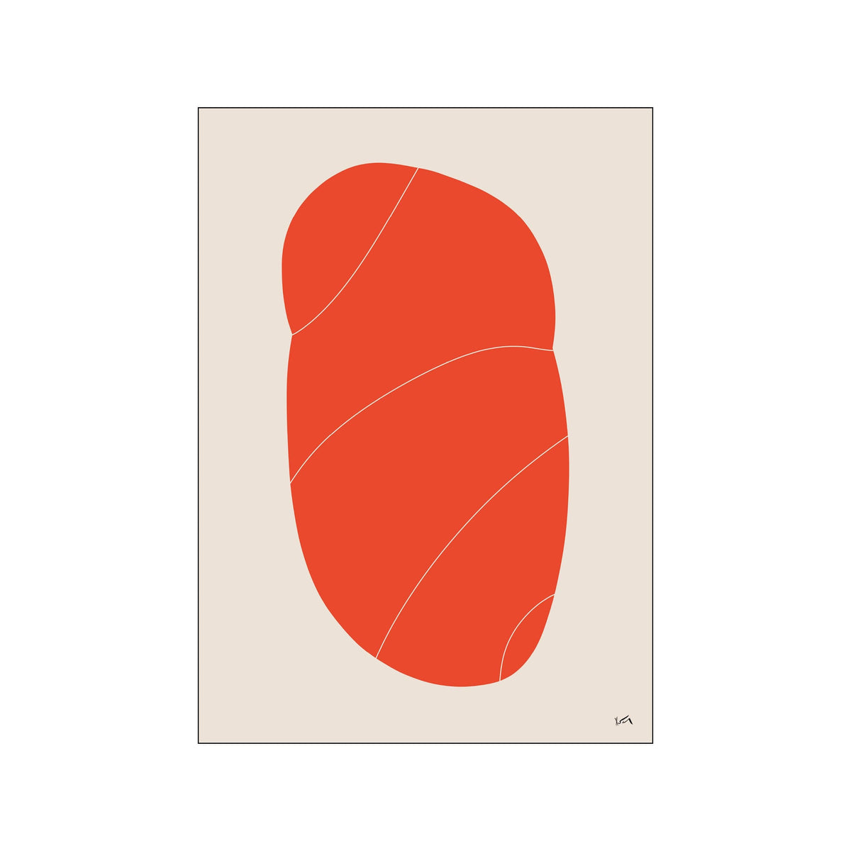 Abstract orange form with thin curved lines on a warm beige background