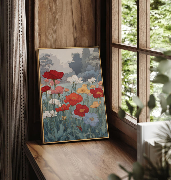 Vintage-style botanical wall art featuring multicolored poppies including red, coral, yellow, and blue blooms with sage green foliage against misty gray-blue landscape background