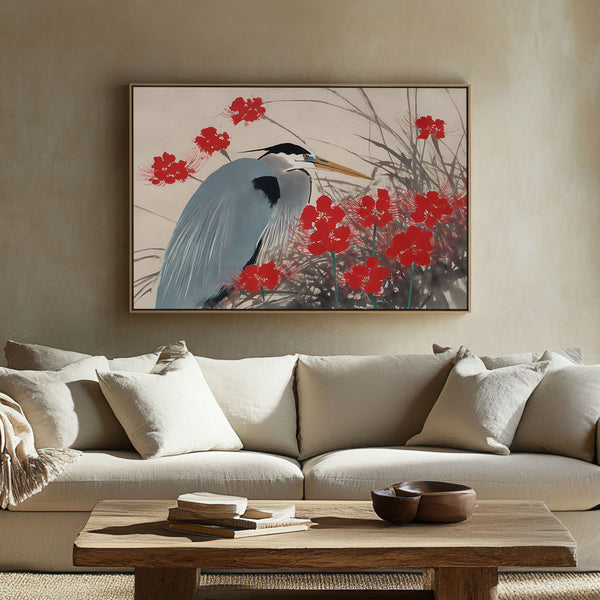 Tableau sur toile représentant un héron bleu et des fleurs pourpres