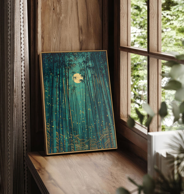 Pecan framed digital art print of a dense bamboo forest at night with a large glowing full moon and scattered golden fireflies, leaning on a warm wooden window sill