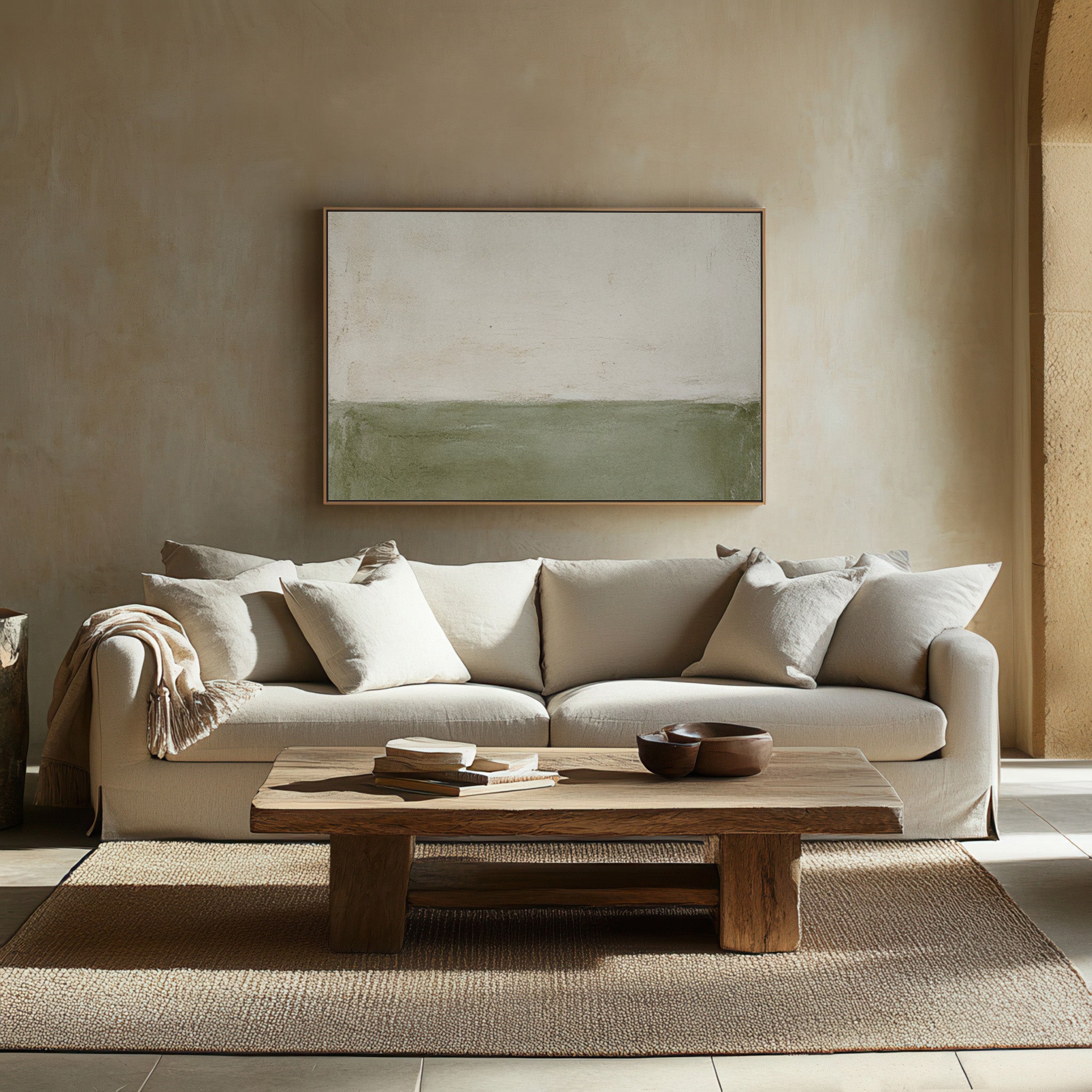 Earthy Minimalist Abstract Canvas Print above Cream Sofa — Sage Green and Beige Neutral Wall Art in Boho Living Room | Uplift Fine Art