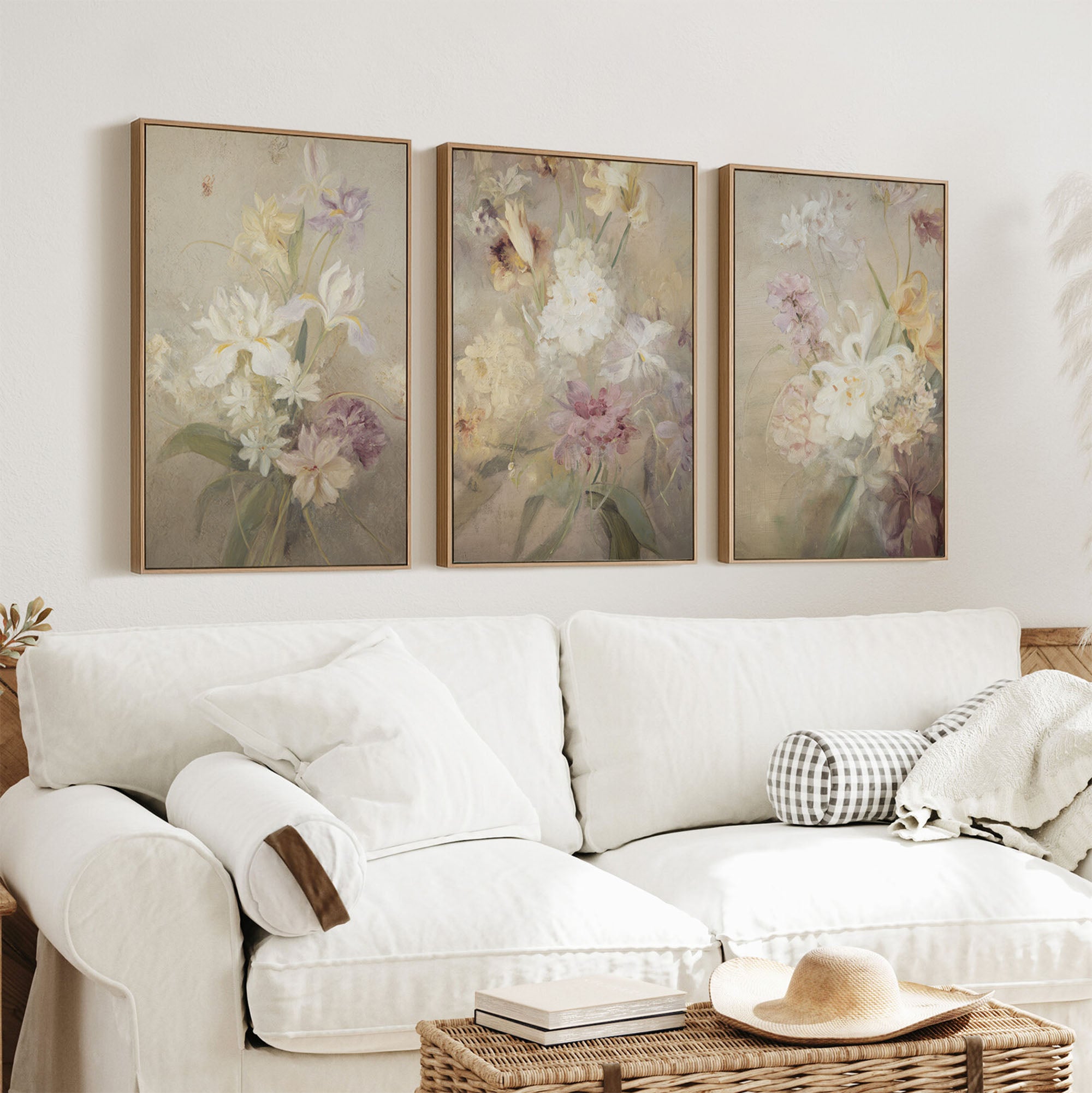 Soft Floral Triptych Canvas Wall Art Print