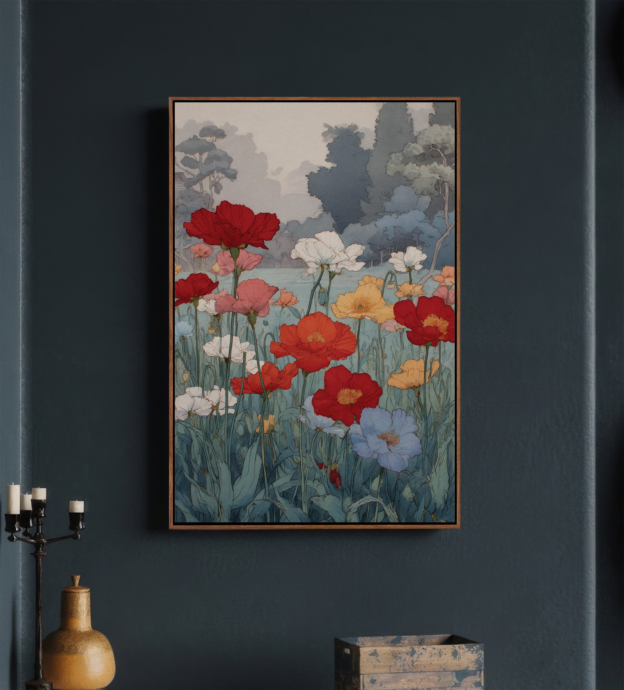 Vintage Poppy Garden Canvas - Japanese Botanical Art