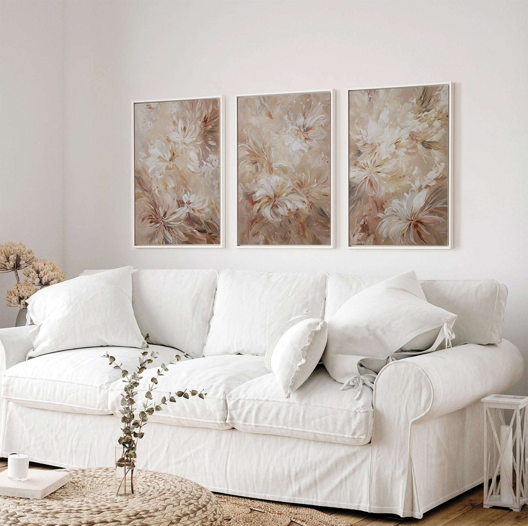 Triptych Soft Neutral Floral Wall Art Print