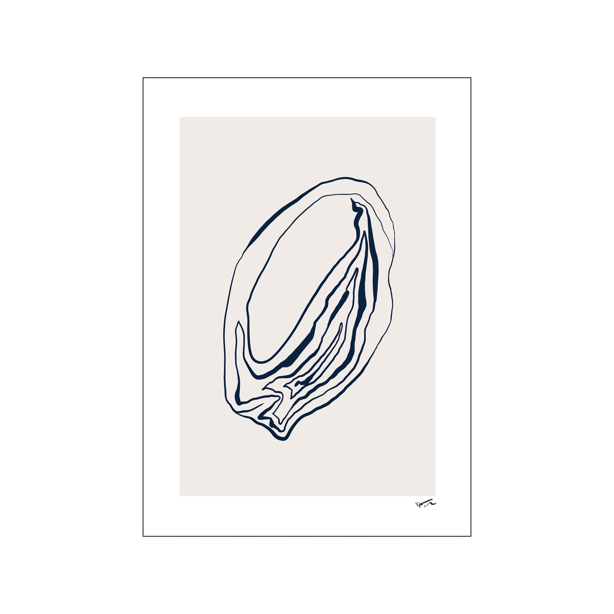 Abstract navy line drawing of a layered organic form on a soft neutral background