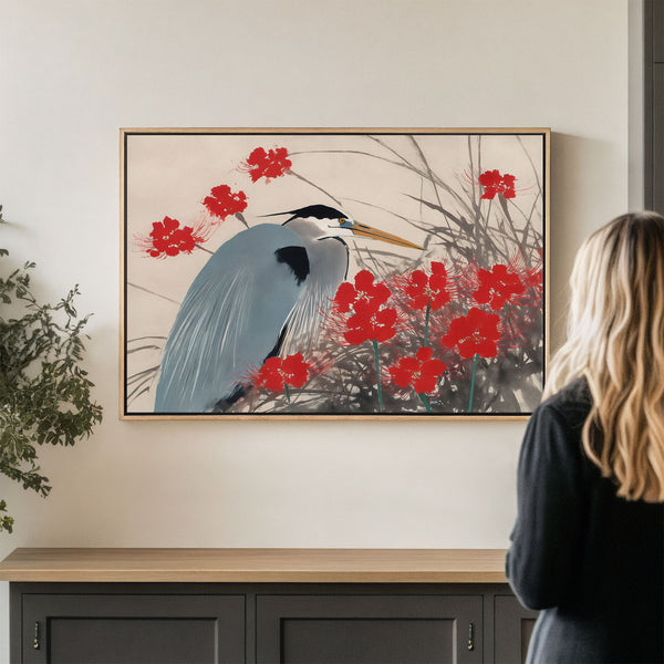 Tableau sur toile représentant un héron bleu et des fleurs pourpres