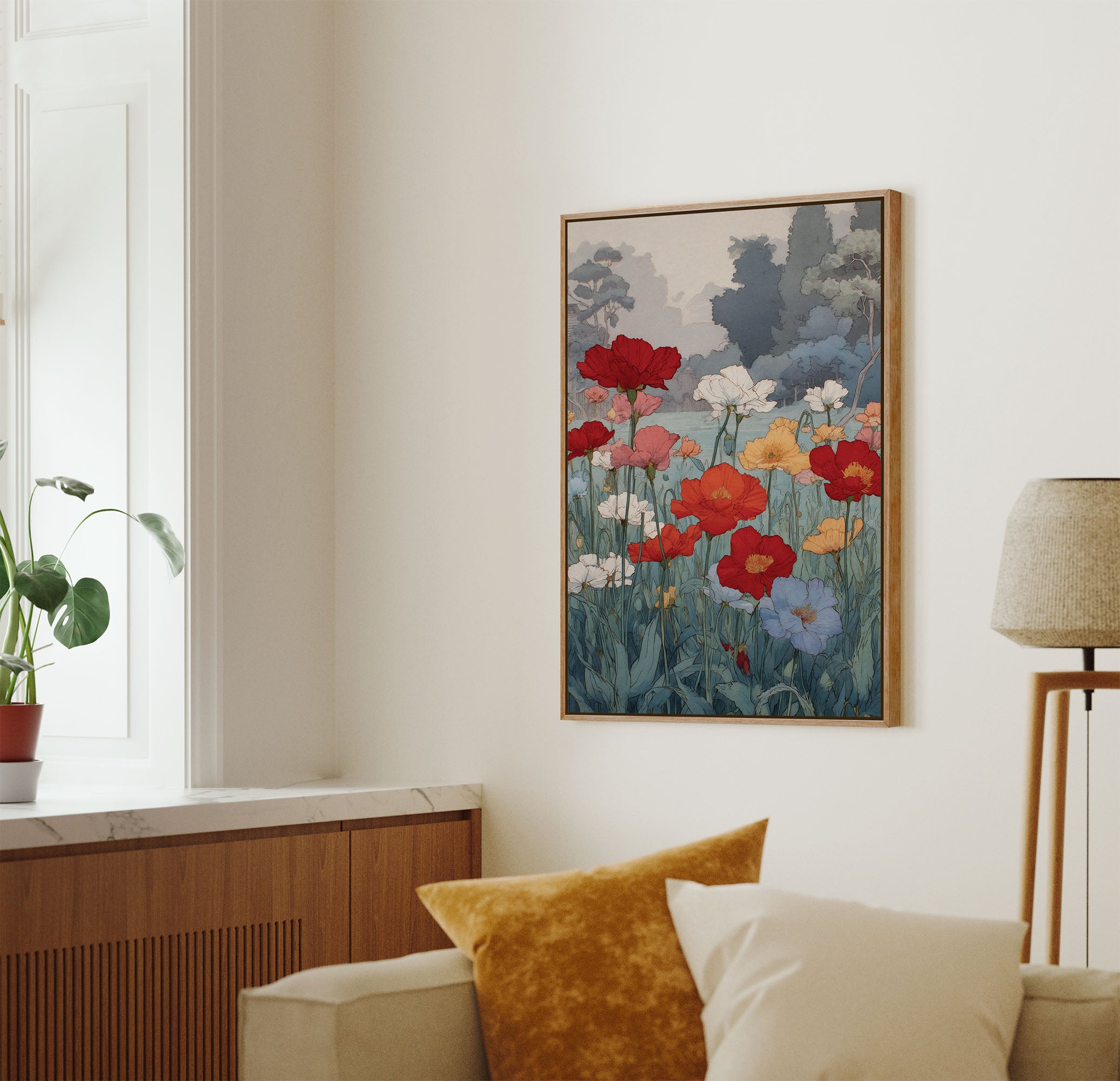 Vintage Poppy Garden Canvas - Japanese Botanical Art