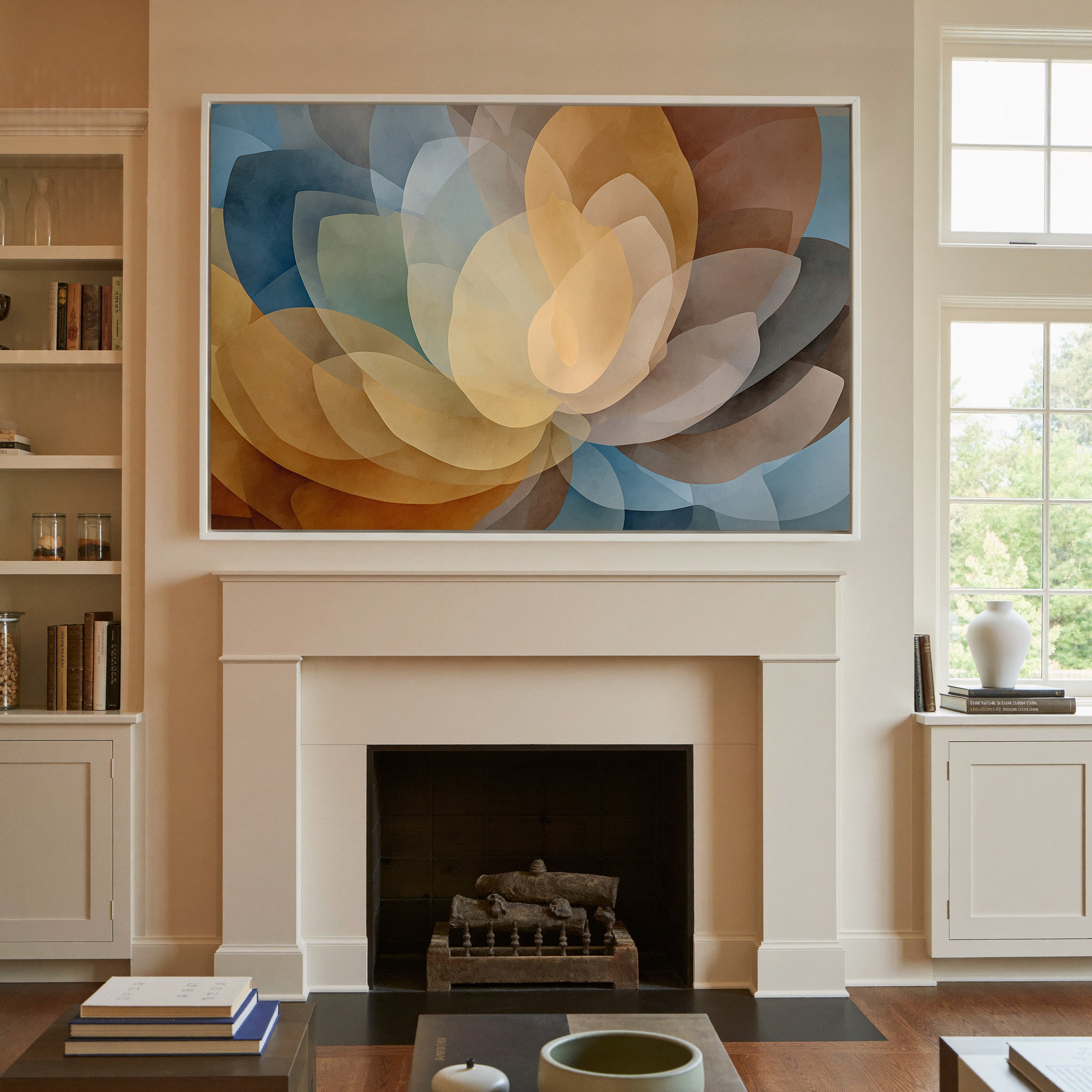 Abstract floral canvas print in white floater frame above a cream fireplace mantel — layered translucent petal forms in warm amber, dusty blue, sage green, and soft cream spiraling outward from a glowing golden center, styled in a bright neutral living room with built-in shelving