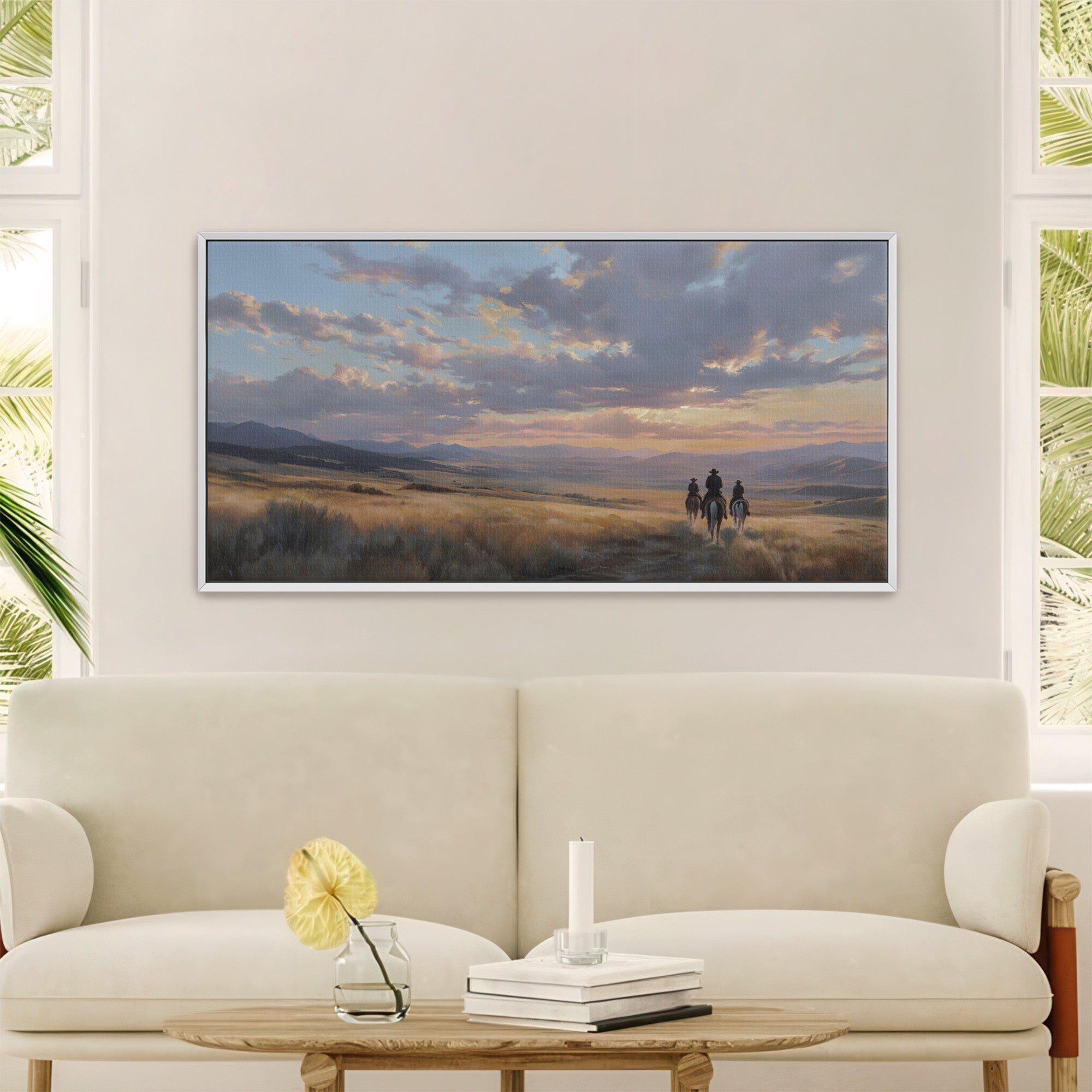 Cowboys in Western Sunset Landscape Wall Art
