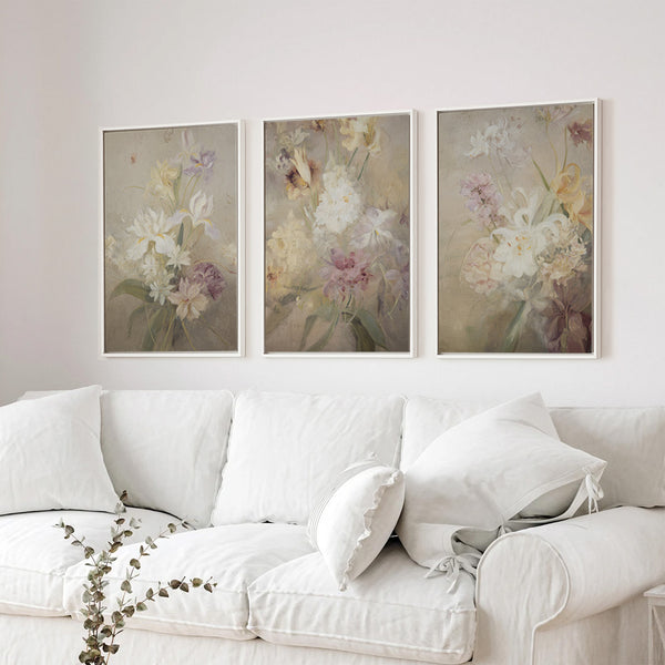 Soft Floral Triptych Canvas Wall Art Print