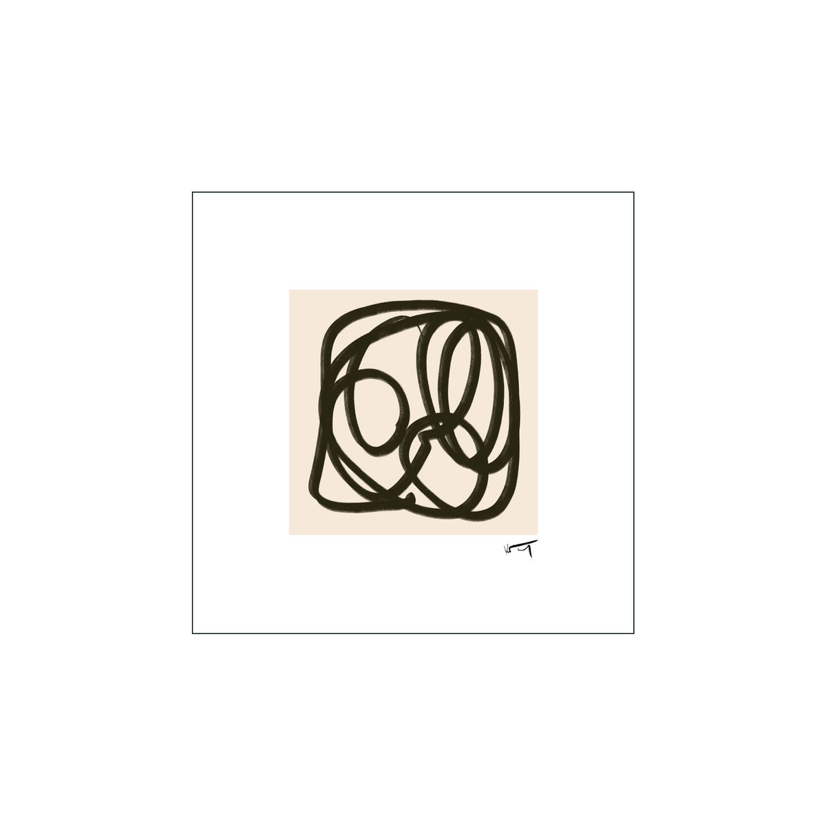 Abstract black looping line drawing centered on a soft beige square with white margins
