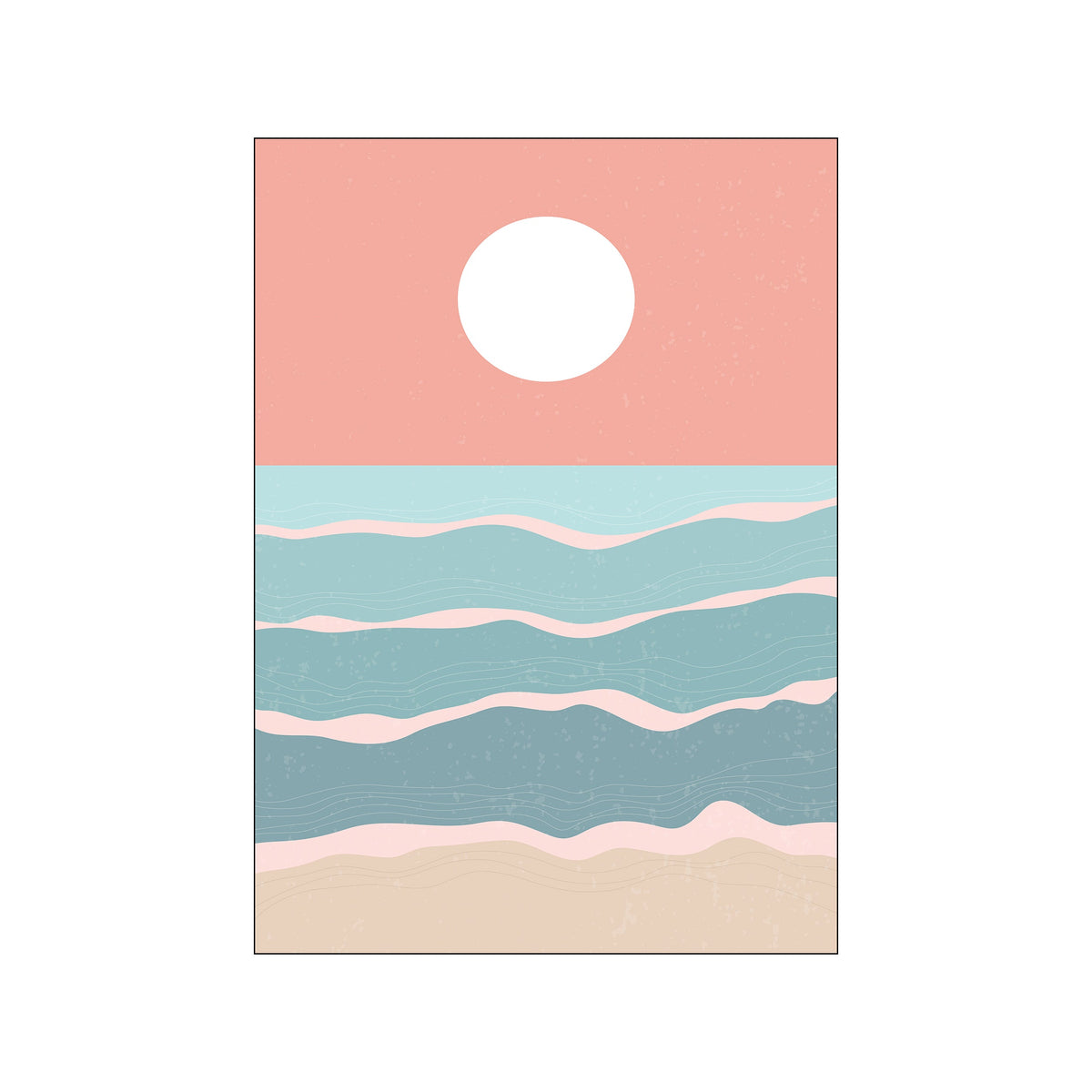 Minimalist ocean sunset with coral sky, white sun, aqua waves, and sand below