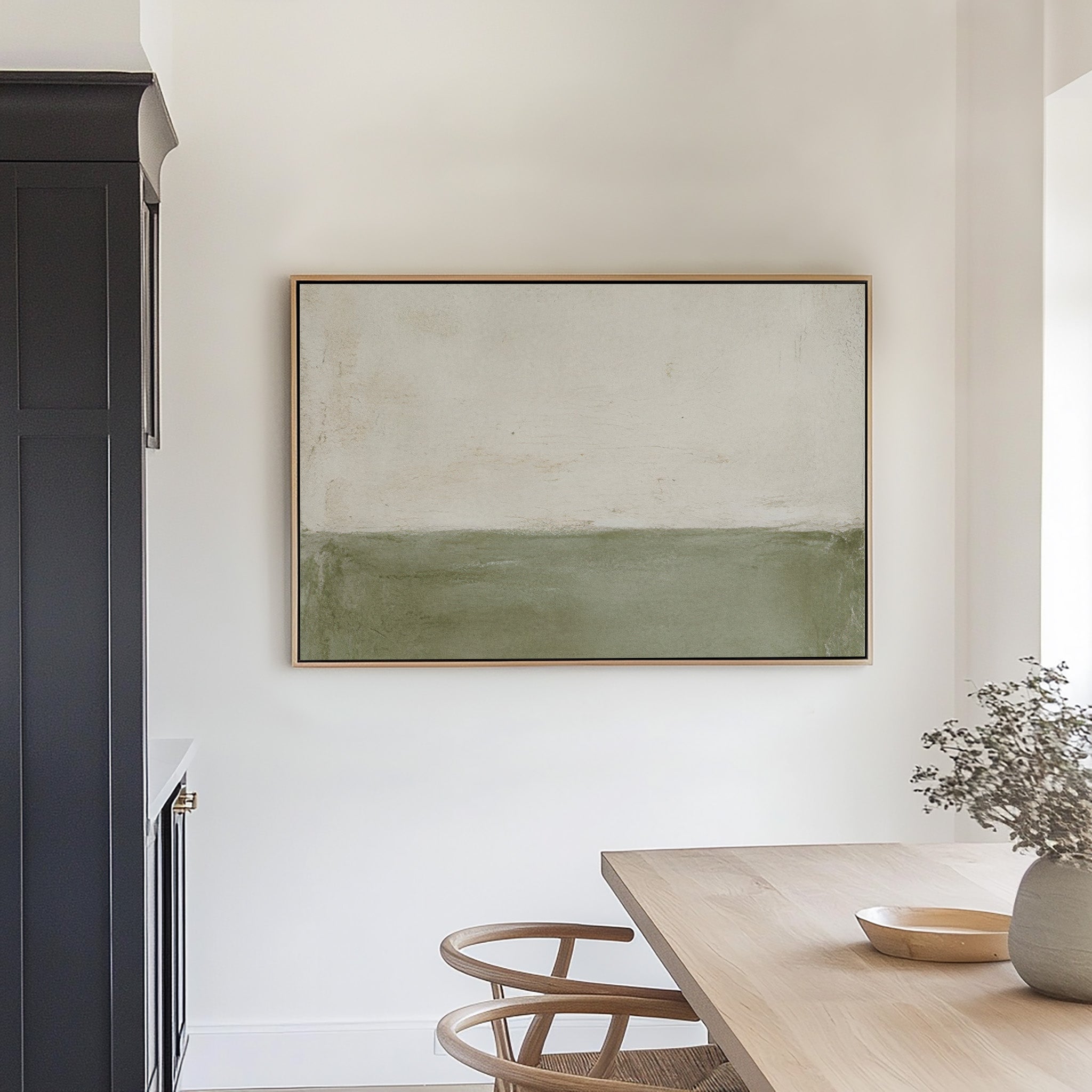 Earthy Minimalist Abstract Canvas Print in Natural Frame — Beige and Sage Green Horizontal Wall Art above Dining Table | Uplift Fine Art