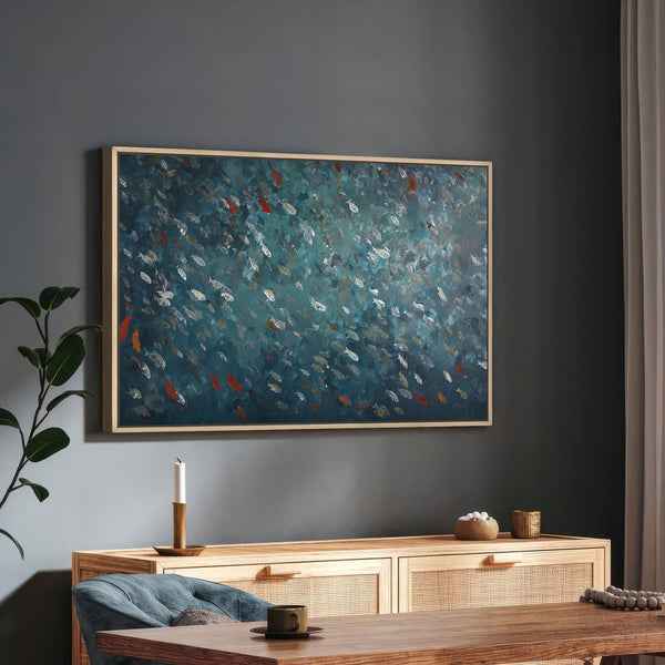 Close-up view of a giclee art print, showcasing a detailed school of fish with prominent orange and white colors against a textured deep blue-green underwater background, emphasizing movement and vibrancy.