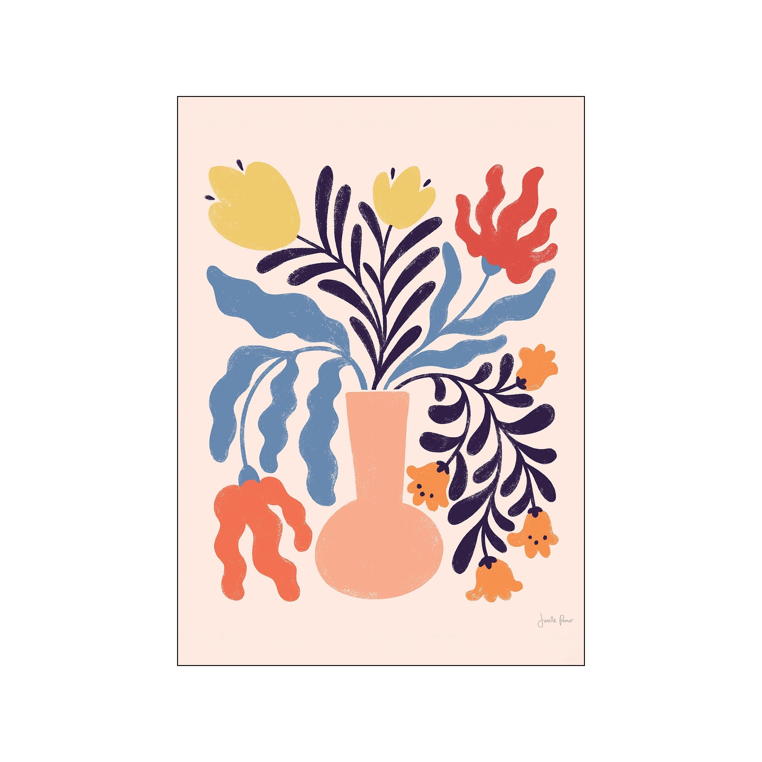Abstract floral vase print with navy stems, pastel leaves, and coral blooms on blush background