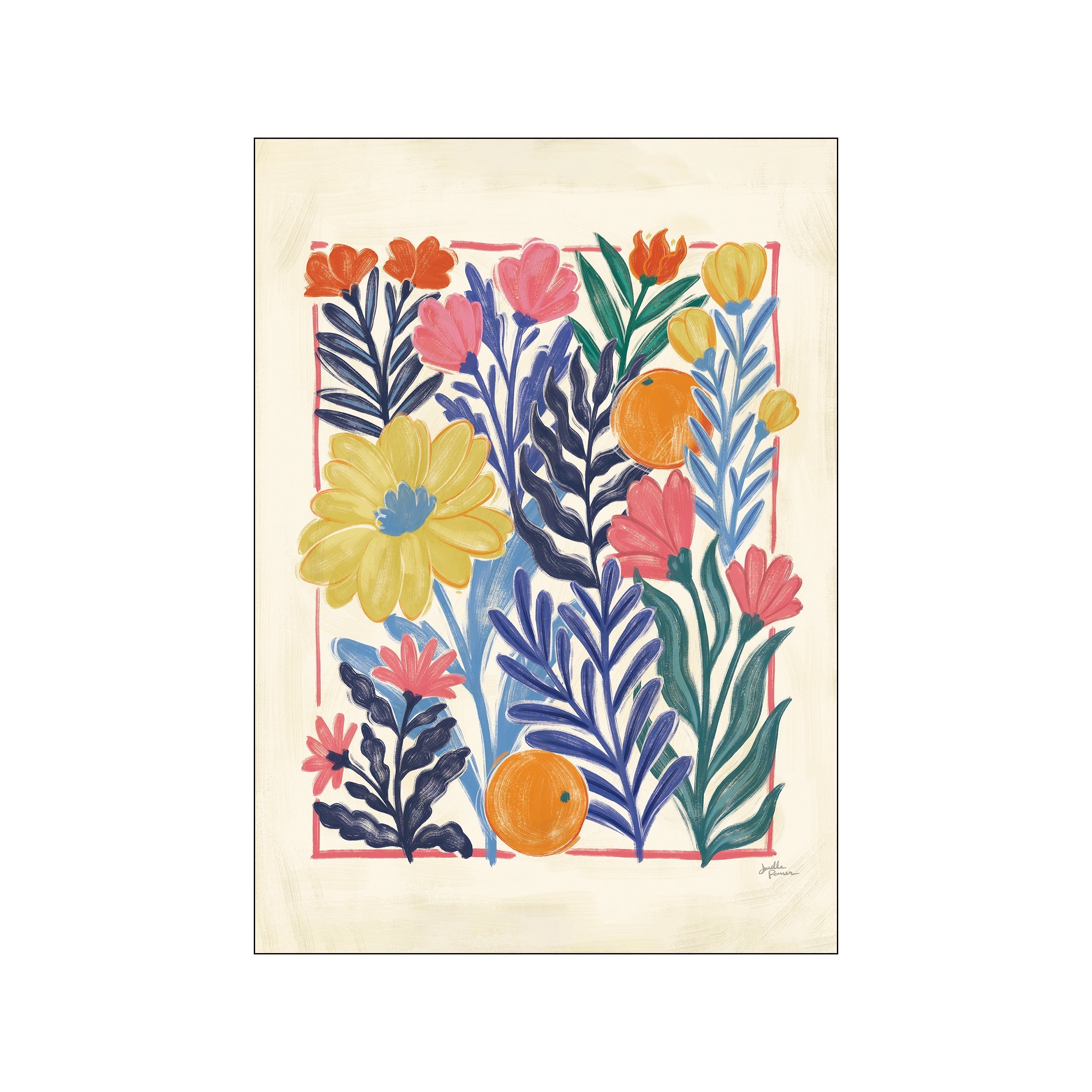Colorful floral still life with navy leaves, pink blossoms, and orange fruit on cream background