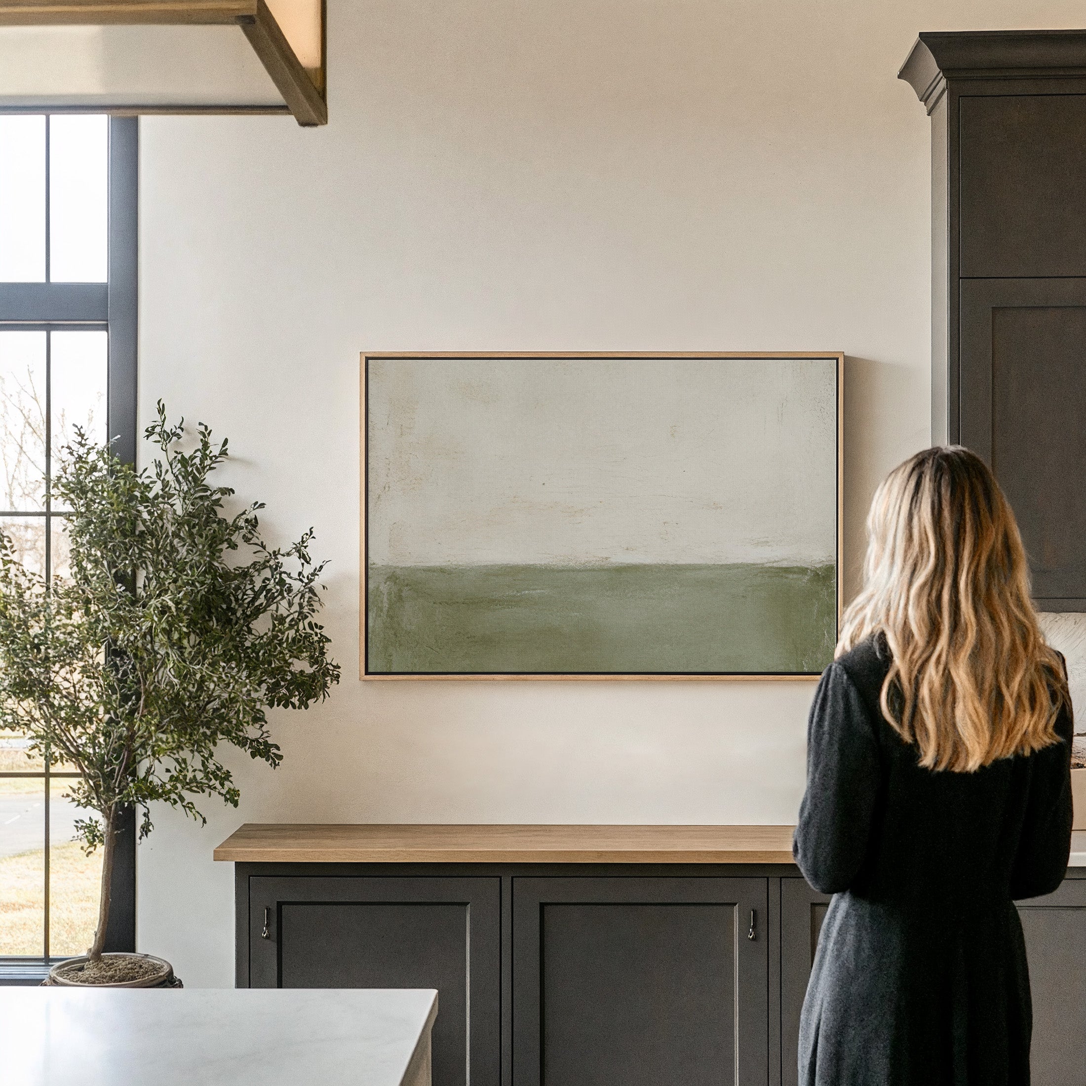 Earthy Minimalist Abstract Canvas Print — Sage Green and Beige Wall Art in Modern Farmhouse Interior | Uplift Fine Art