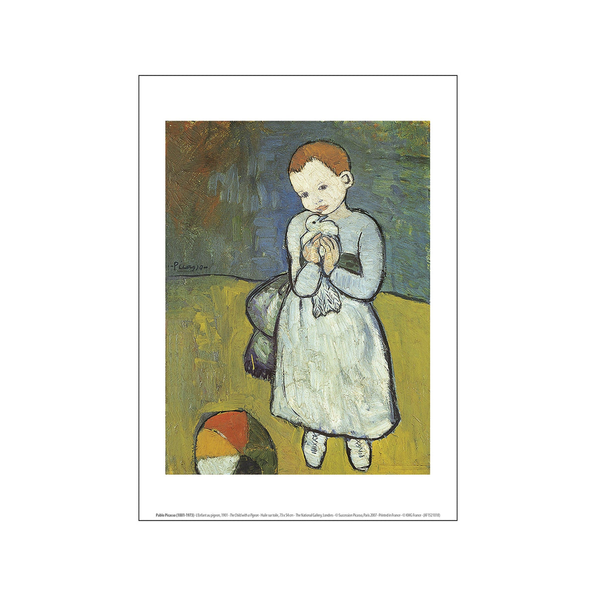Picasso print of a child holding a pigeon against a blue green background