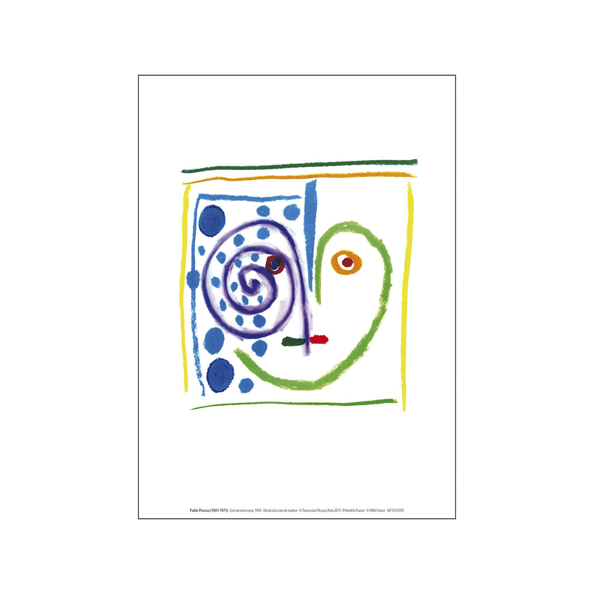 Colorful Picasso abstract face portrait with blue dots, green contour, and purple spiral