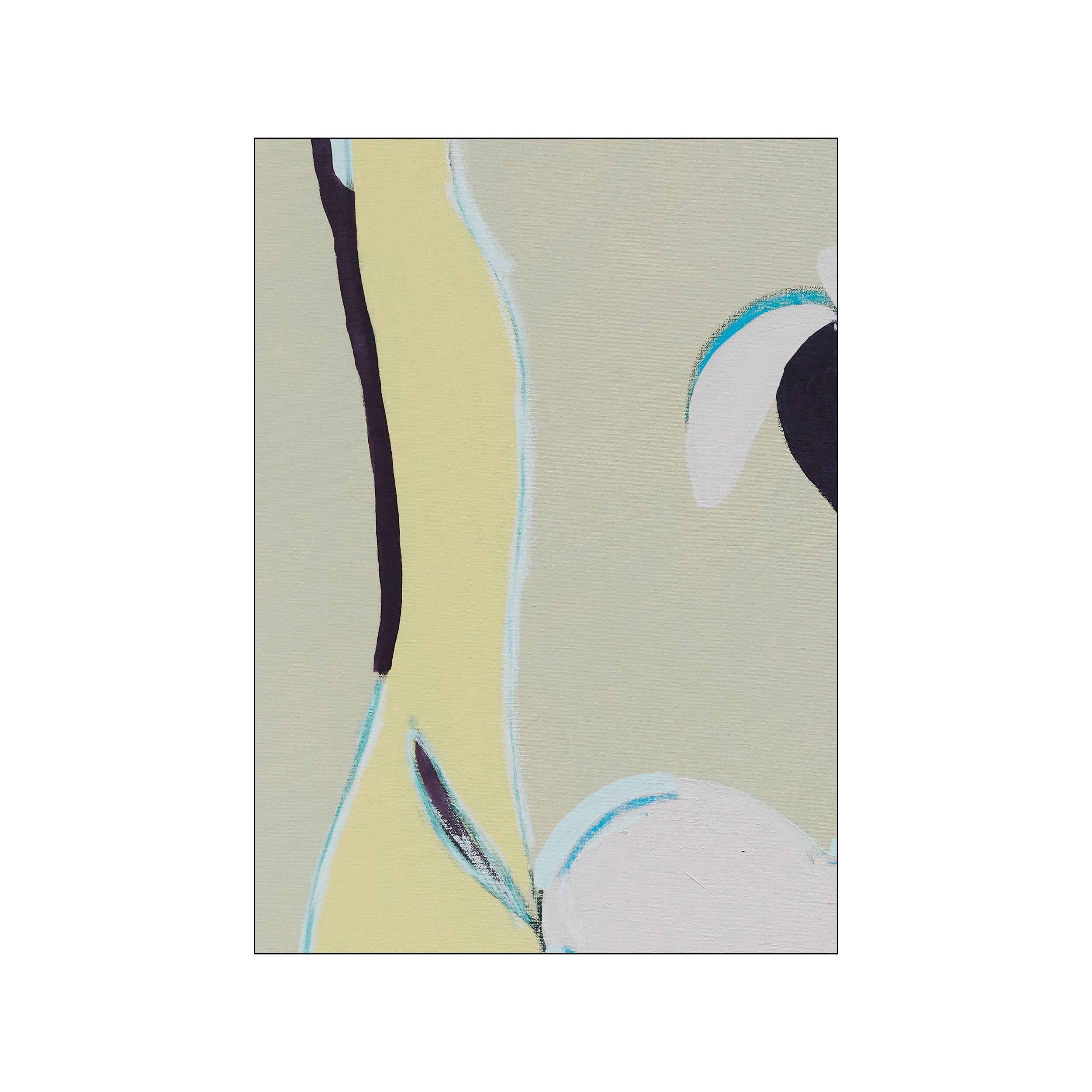 Abstract artwork featuring flowing shapes in soft beige, pale yellow, and deep plum with accents of aquamarine and white, creating a calming and organic aesthetic.