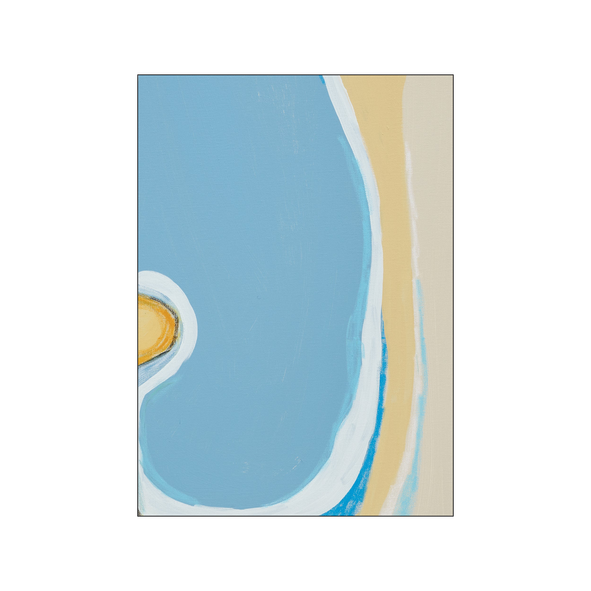 Abstract artwork with large, soft blue form, bordered by bands of creamy beige and subtle white and blue lines, suggesting a tranquil coastal landscape or organic shape.