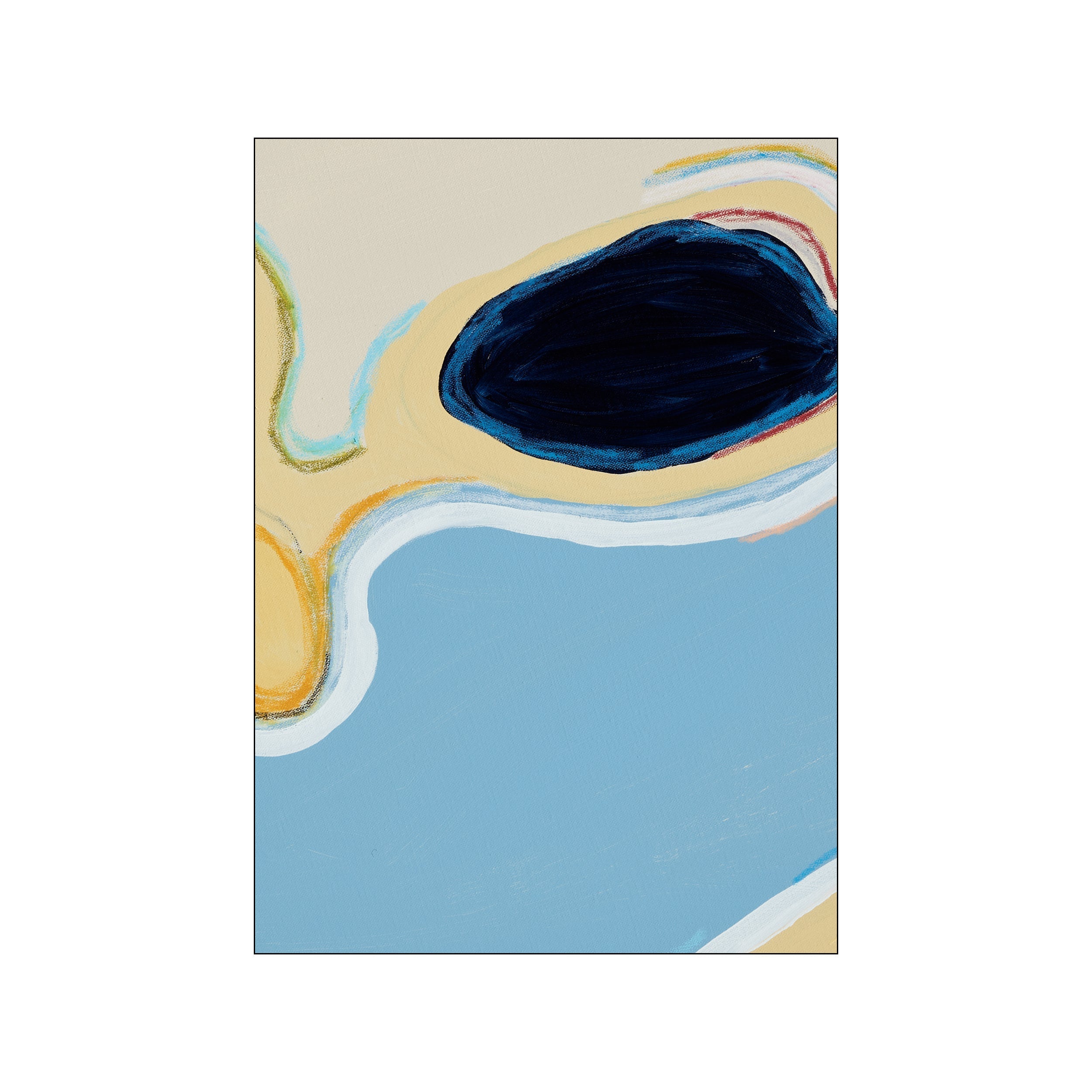 An abstract artwork featuring flowing shapes in beige, soft blue, and deep indigo, with subtle hints of ochre and aquamarine, evoking a serene coastal landscape.