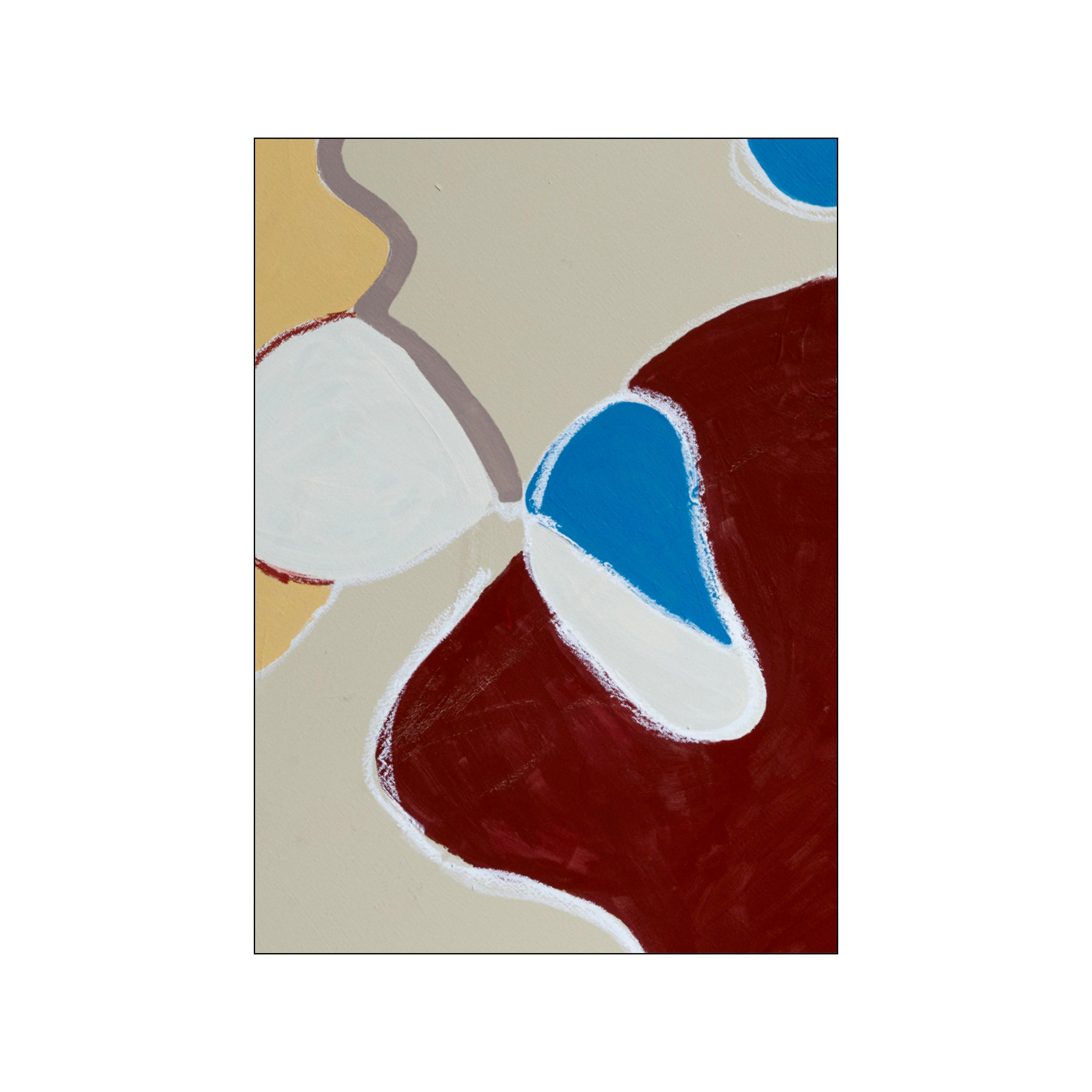 An abstract composition featuring organic shapes in warm beige, deep crimson, soft white, and bright blue, with subtle grey and yellow accents, creating a balanced and evocative visual.
