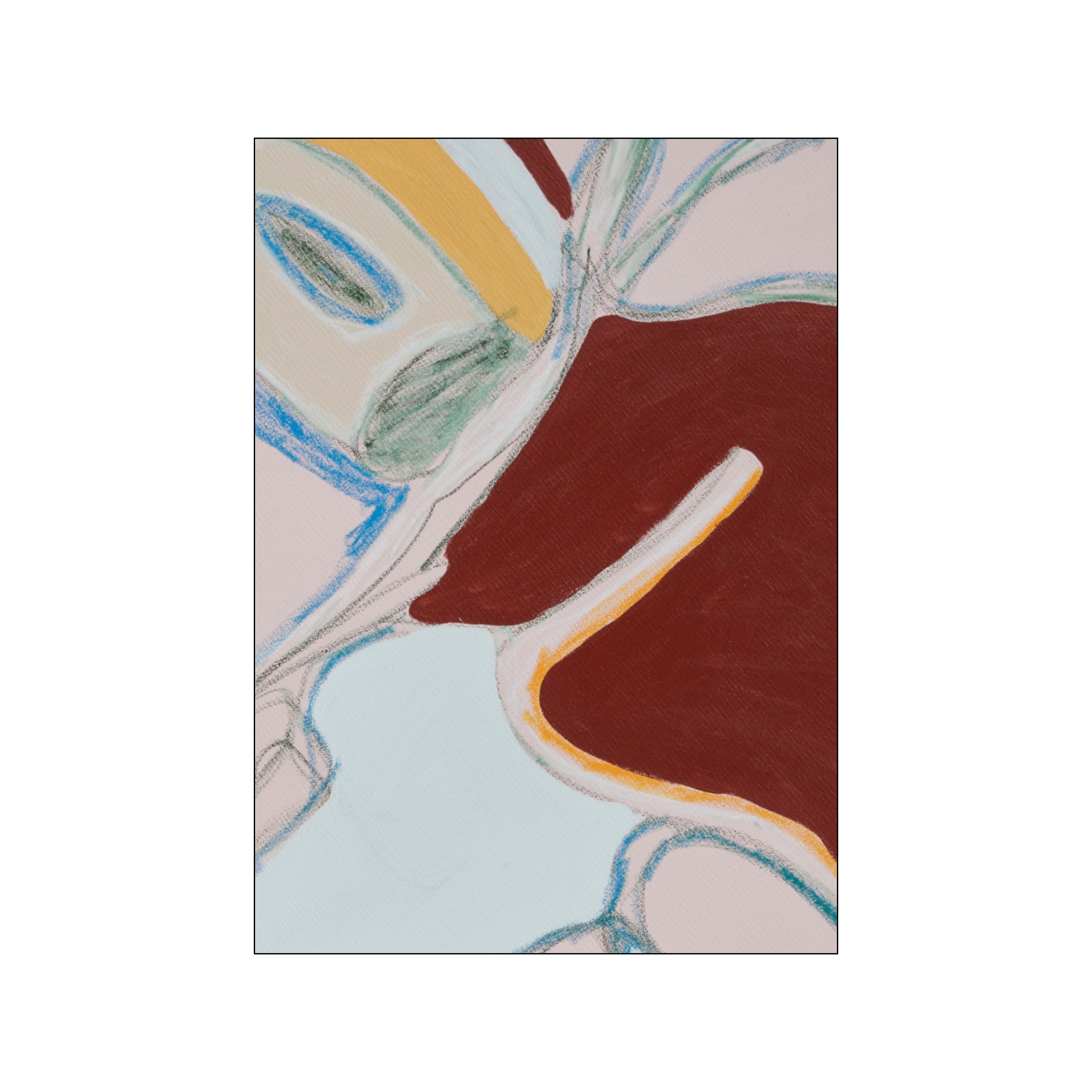 An abstract artwork featuring organic, flowing shapes in a palette of soft blues, creamy beige, mustard yellow, and deep terracotta, outlined with charcoal lines on a pale textured background.