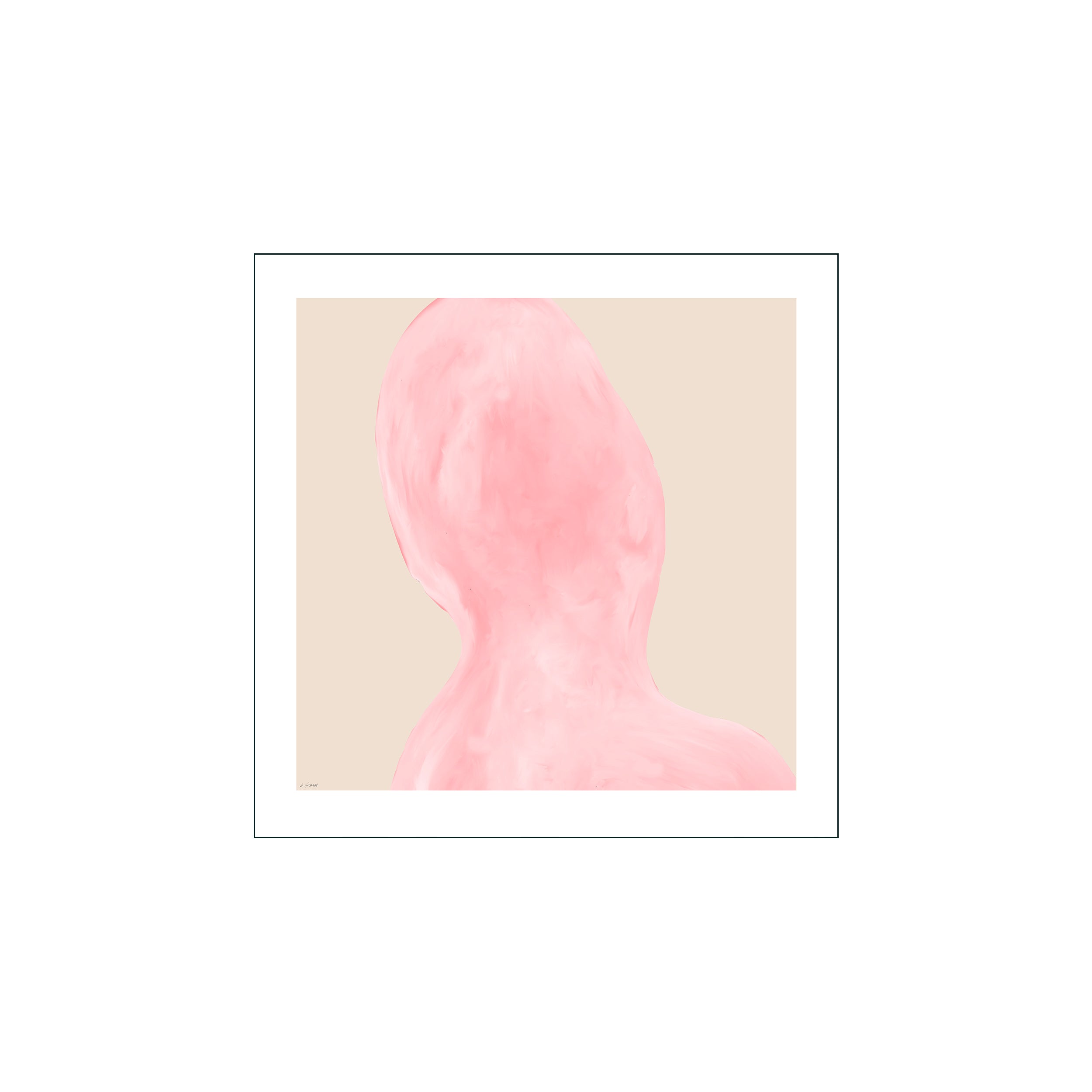 An abstract composition featuring a soft pink, fluid shape against a pale beige background, suggesting a gentle, flowing form with a serene and minimalist aesthetic.