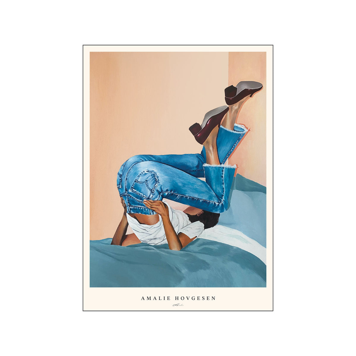 Stylized figural portrait in blue denim with raised legs and heels on a peach background