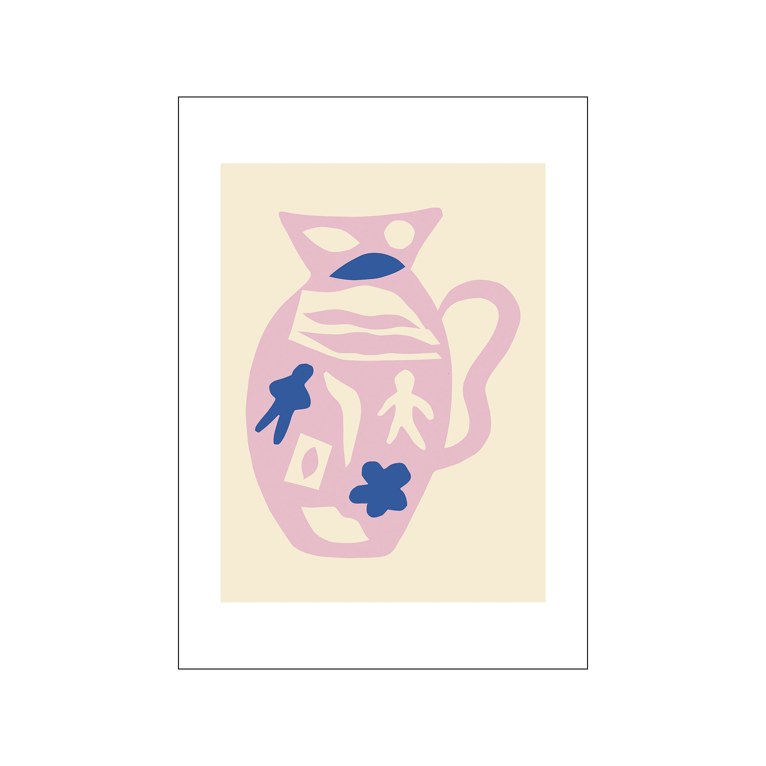 A stylized pink vase with blue and cream abstract shapes and figure-like forms, set against a pale cream background, evoking a playful and artistic vibe.