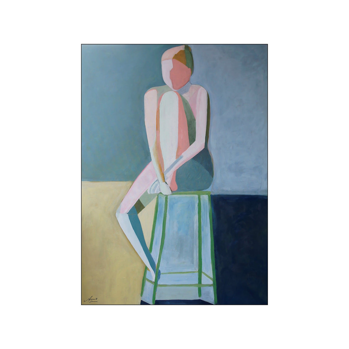 Abstract seated figure portrait in pastel pink, green, and blue on a muted background