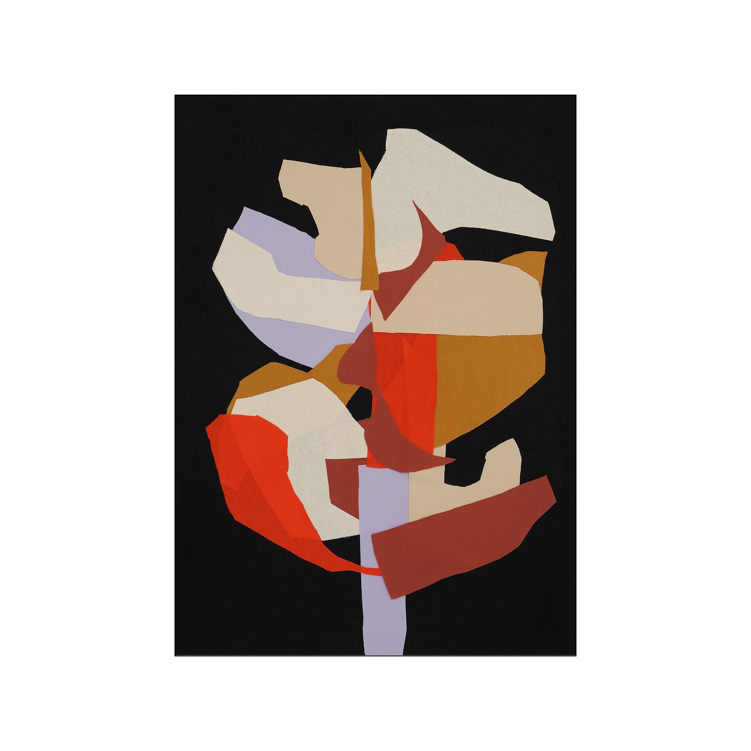 An abstract collage featuring organic shapes in earthy neutrals, pops of red and orange, and hints of lavender, set against a deep black background, evoking a sense of depth and modern artistic flair.