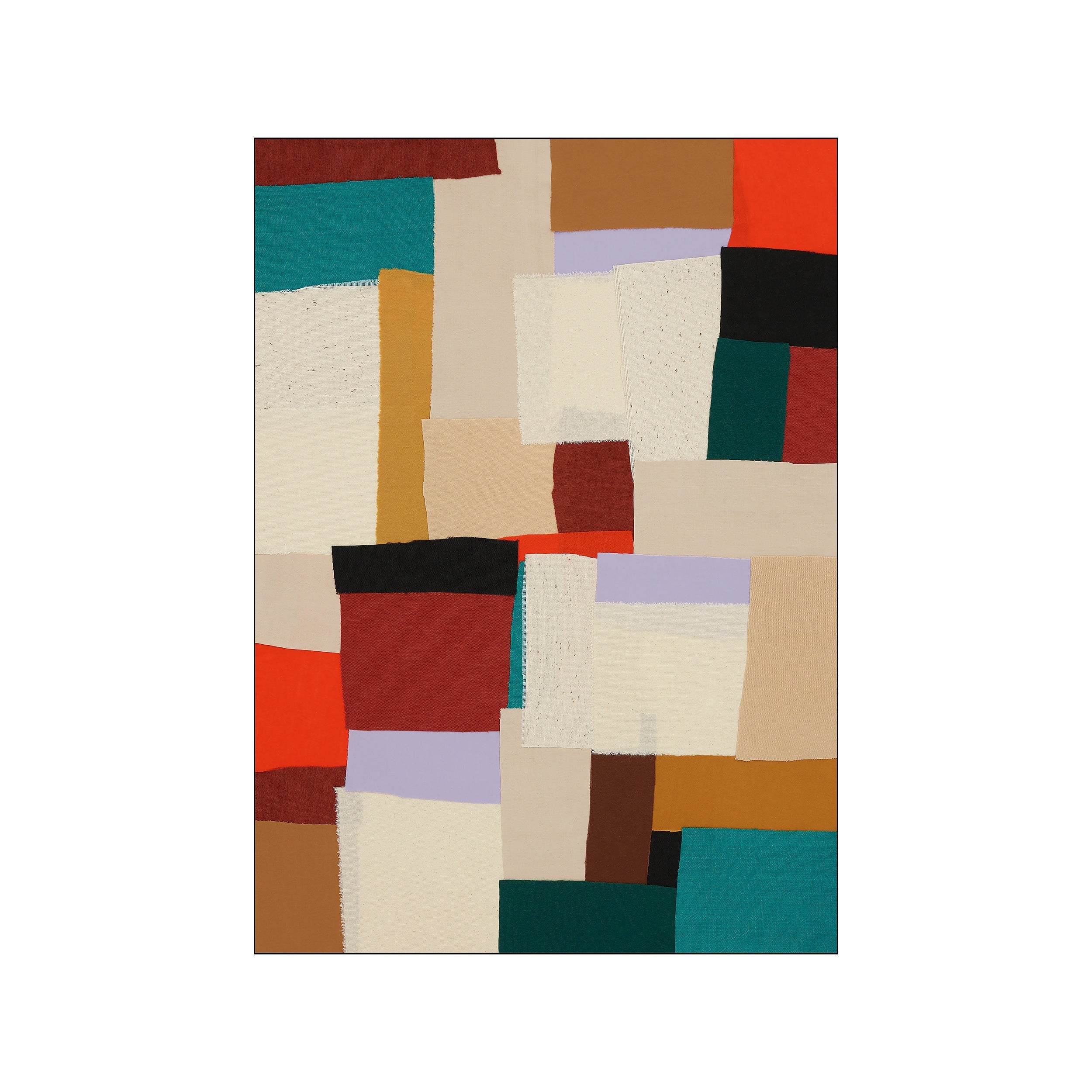 An abstract arrangement of fabric-like shapes in warm ochre, deep red, teal, lavender, and cream, creating a textured, modern collage evoking a sense of natural fields.