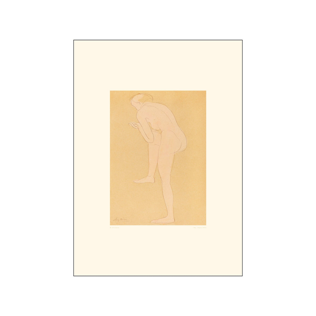 Minimal nude figure sketch in pale linework on a warm beige background