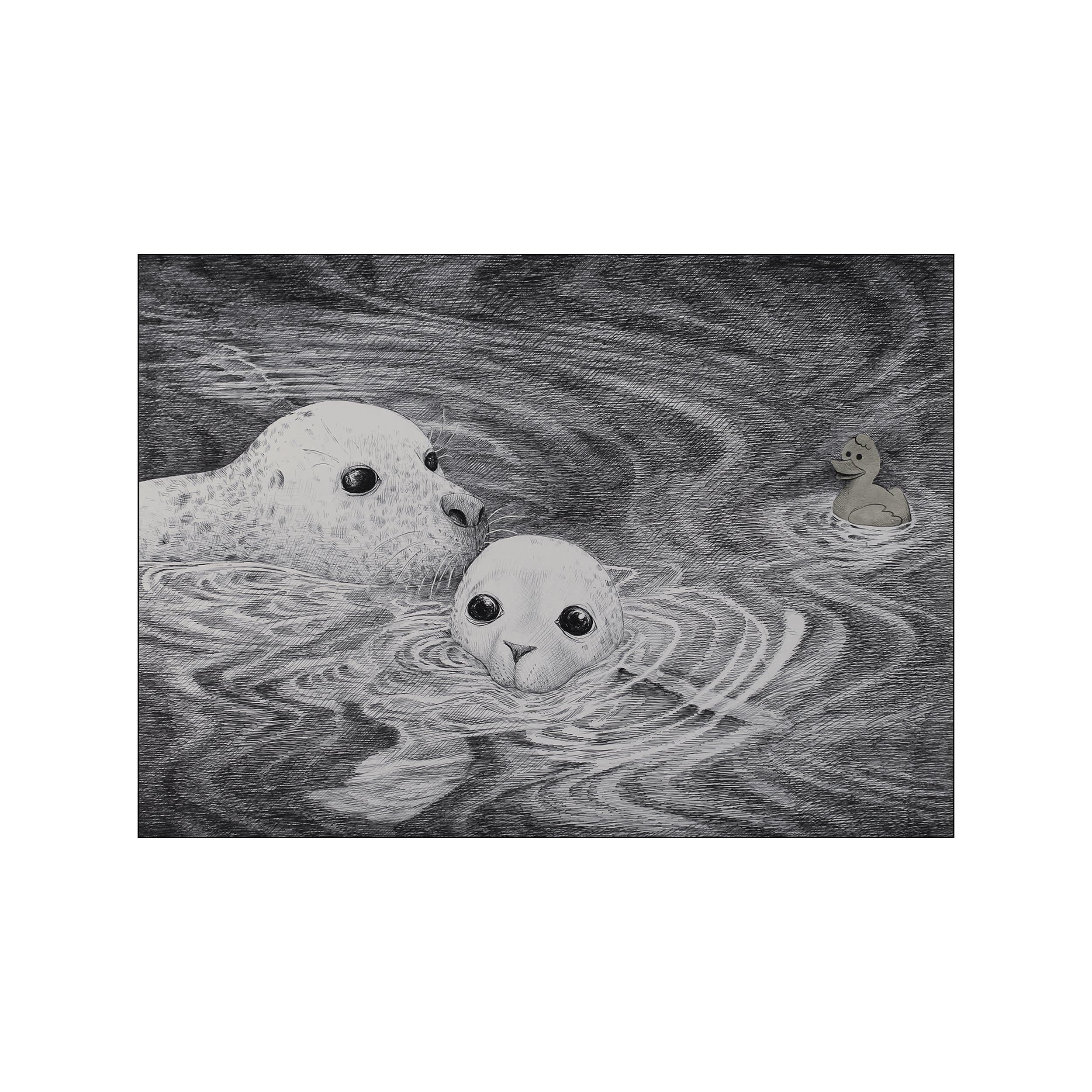 A mother seal and her pup swim in rippling water, with a small toy duck in the distance. The monochromatic drawing features textured water and the subjects' expressive eyes, creating a serene and whimsical atmosphere.