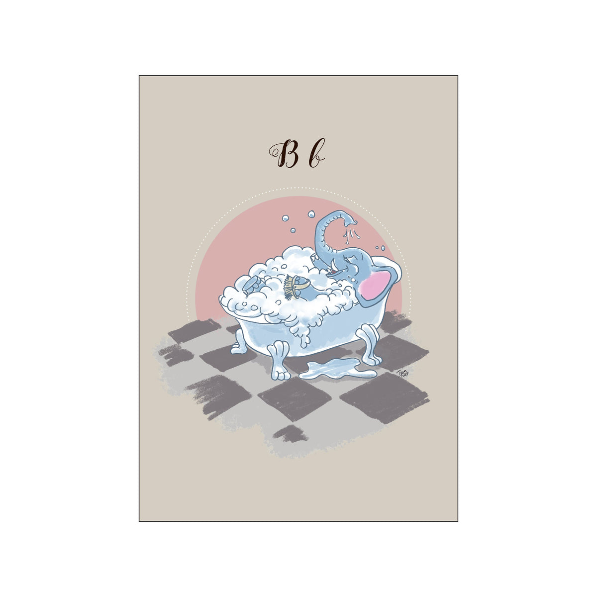 A charming illustration of a blue elephant playfully bathing in a tub overflowing with bubbles. The artwork features a soft color palette of taupe, pink, and blue, evoking a whimsical and serene mood, perfect for.