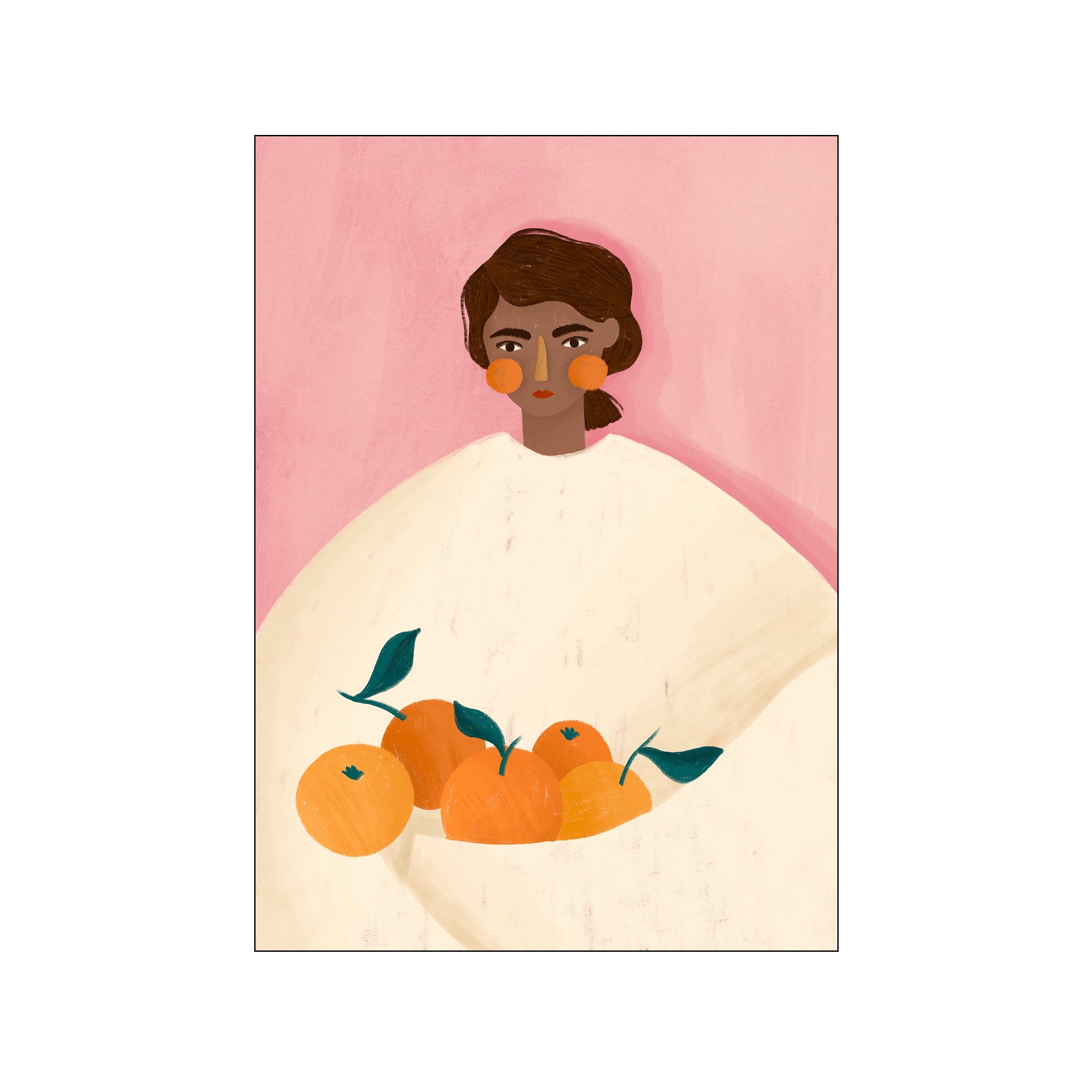 Illustration of a woman with dark hair and warm skin tone, holding a pile of bright oranges. The background is a soft pink, and she wears a cream-colored, loose-fitting top. The art has a textured.