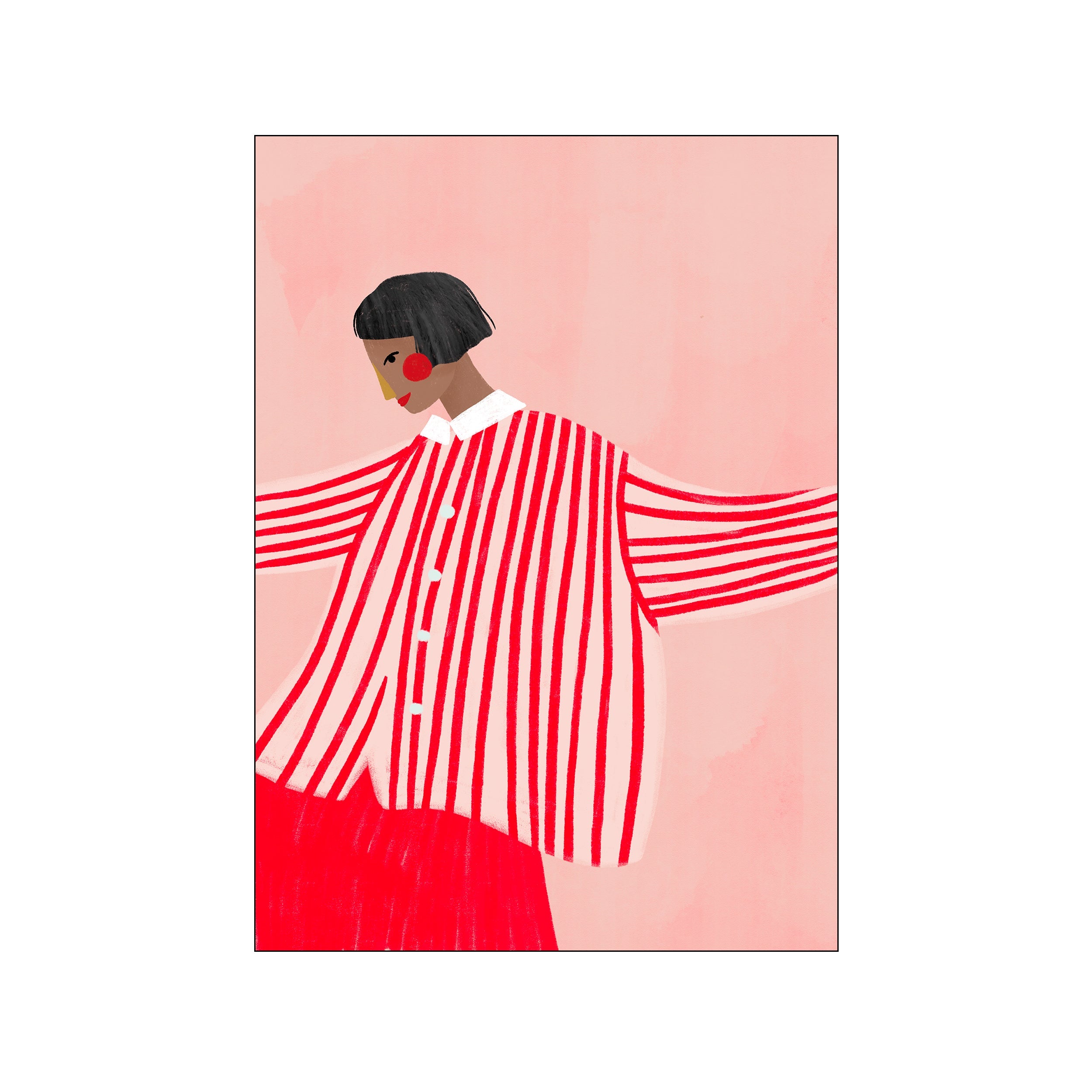 A stylized portrait of a woman wearing a red and white striped shirt and a red skirt against a soft pink background. Her dark hair is short, and she has red circles on her cheeks.