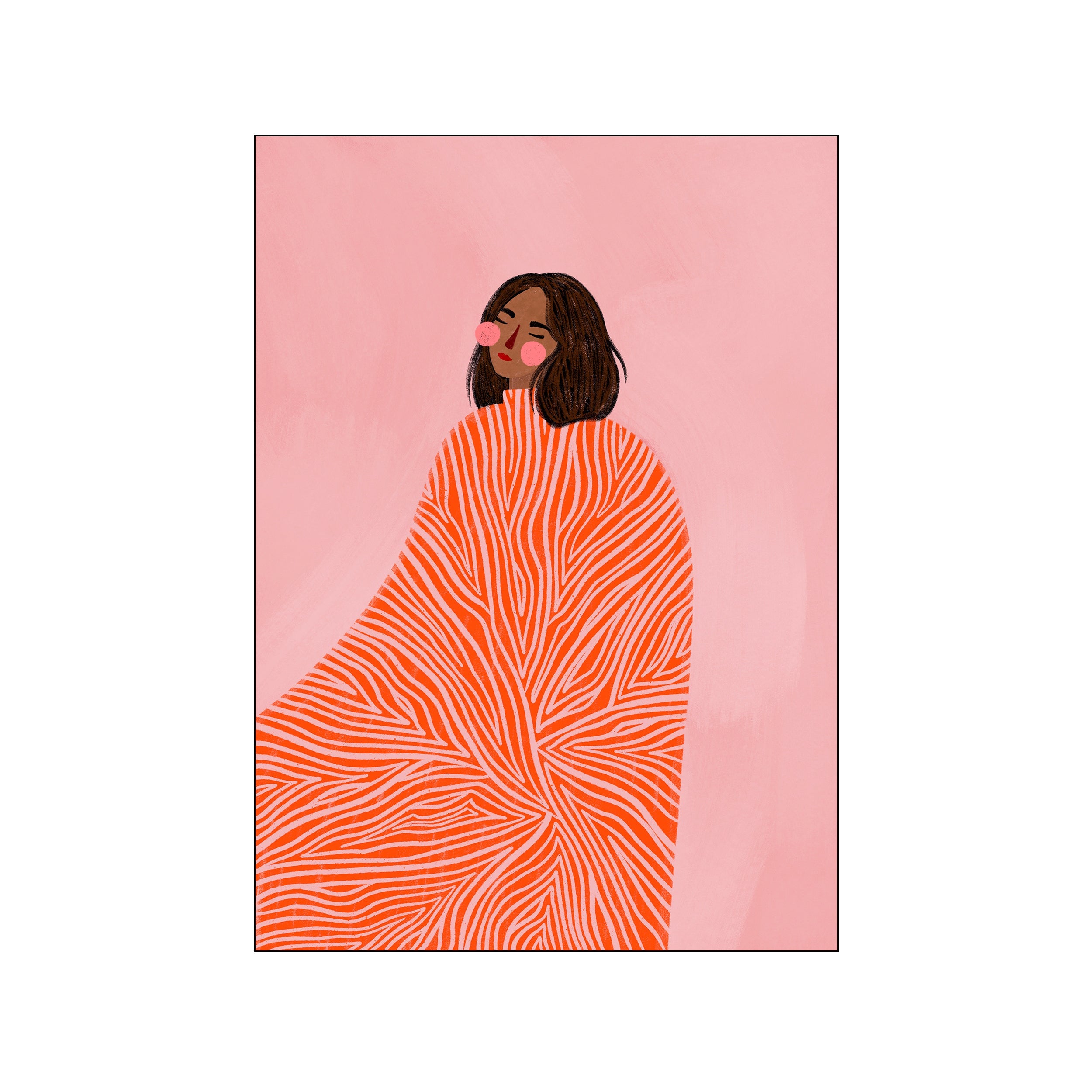 A woman with closed eyes and rosy cheeks wears a striking orange and white striped garment against a soft pink background, evoking a sense of calm introspection and vibrant energy.