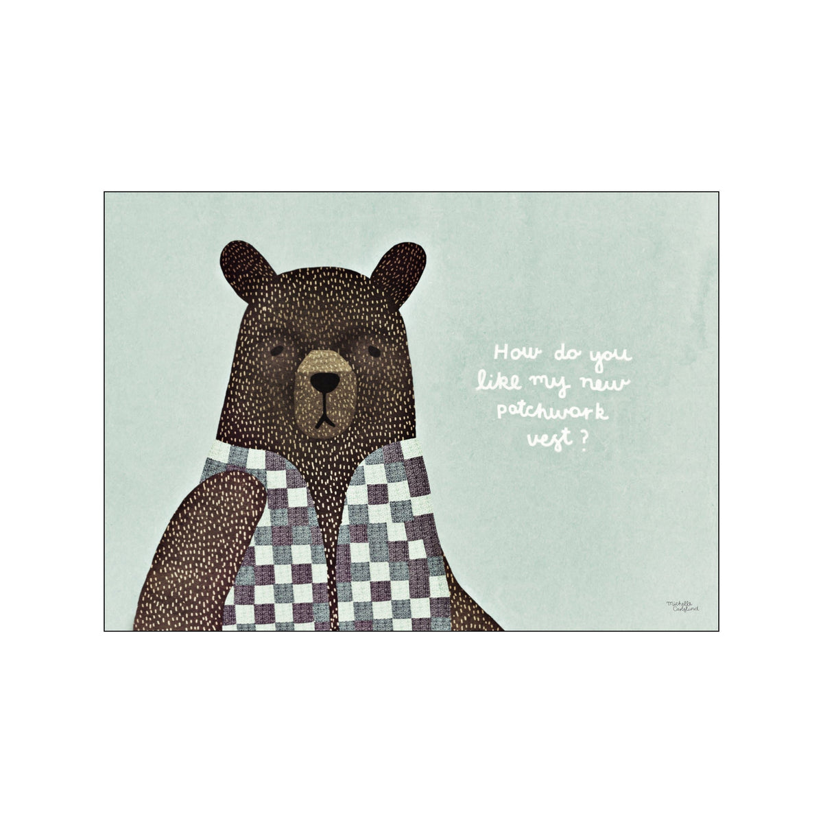 A friendly brown bear wearing a checkered vest, set against a pale mint green background. The artwork has a gentle, whimsical feel, perfect for a child's room or a nature-inspired gallery wall.
