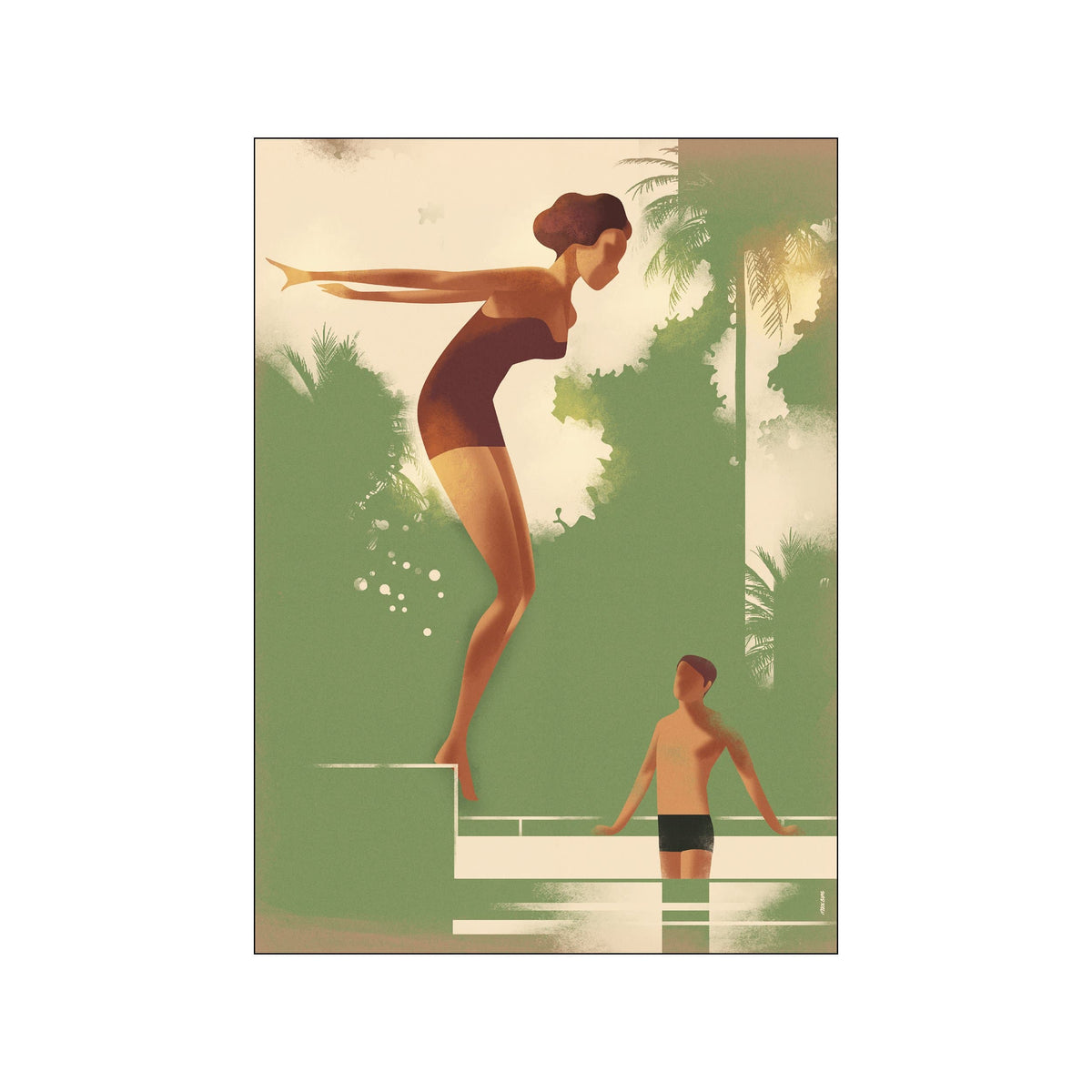 Stylized female and male swimmers in green and terracotta art deco composition