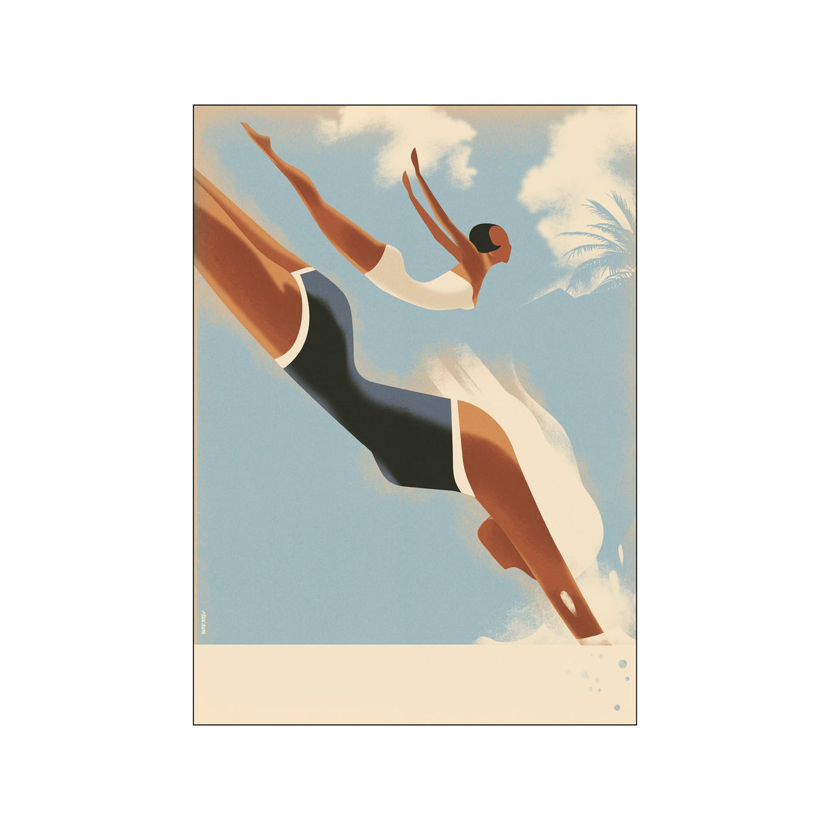 Stylized female figure in a blue sky scene with warm tones and graphic shapes
