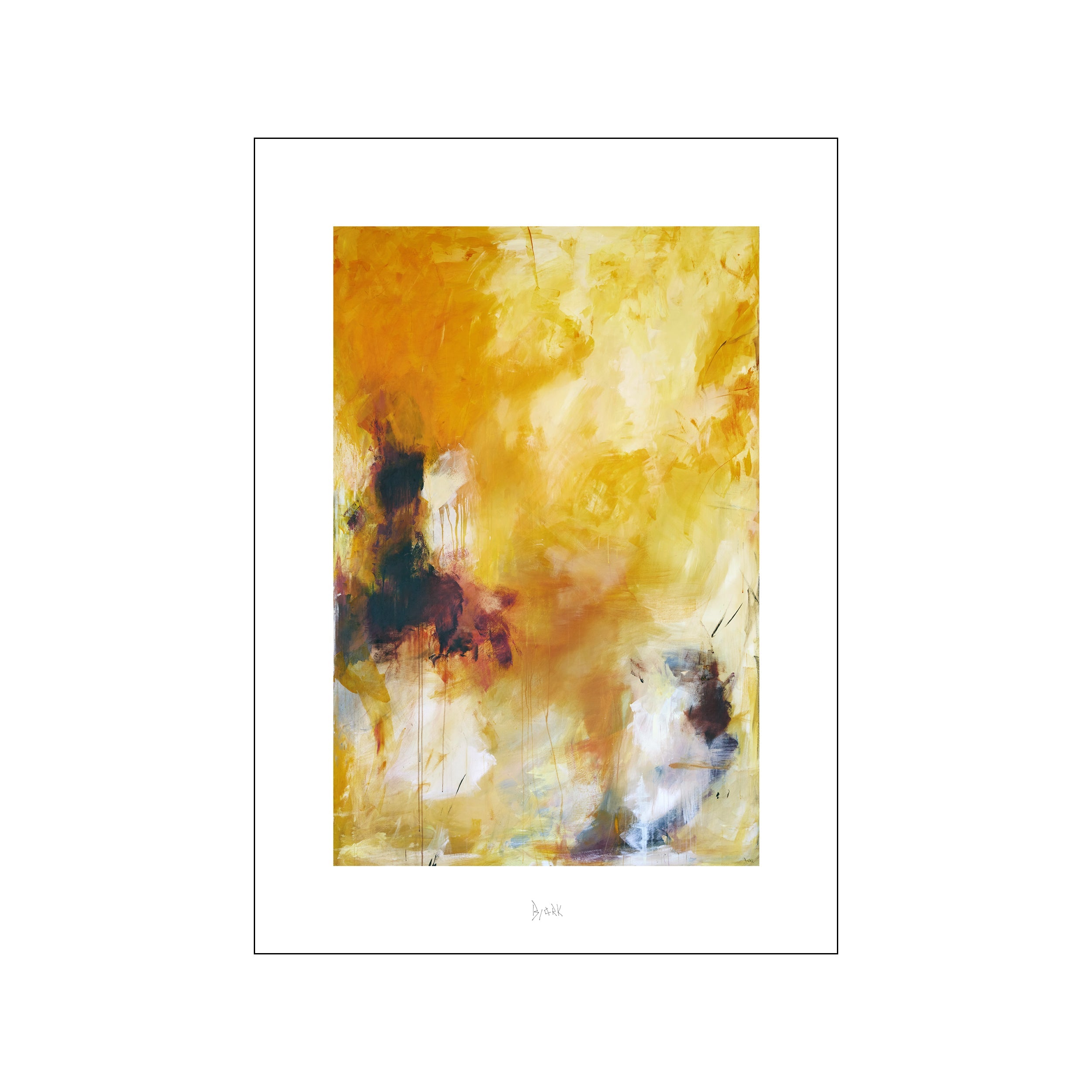 Bjørk Studio's abstract portrait painting, "This is my story," features a vibrant yellow and ochre palette with dynamic brushwork, displayed on a neutral wall.